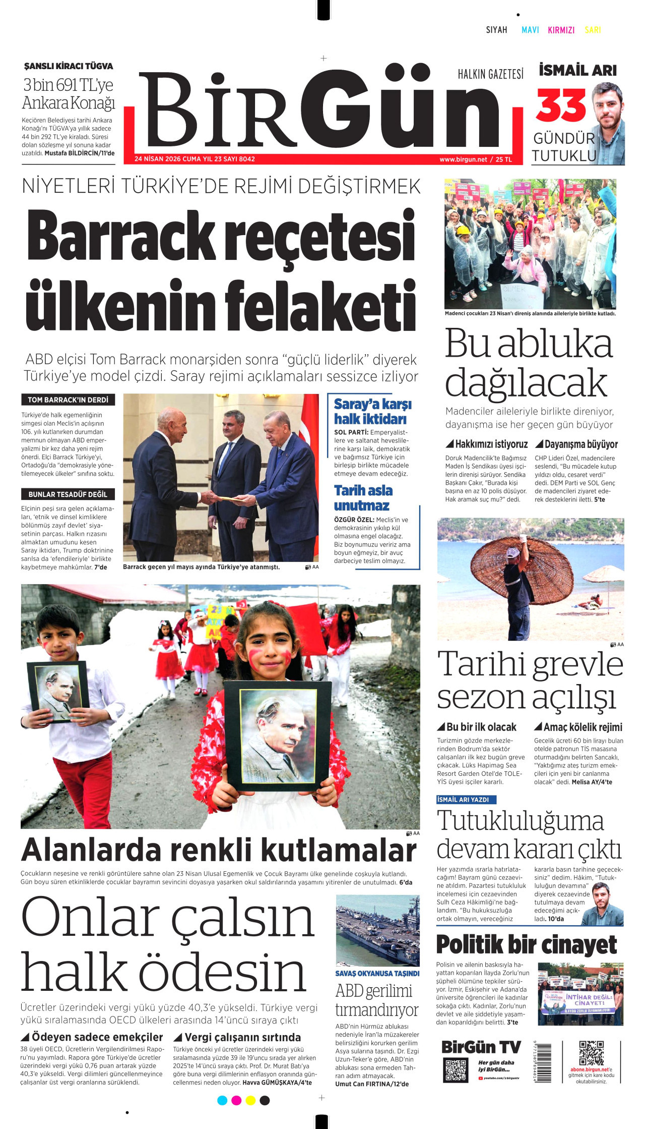 BİRGÜN gazetesinin 24 Nisan 2026 tarihli birinci sayfası