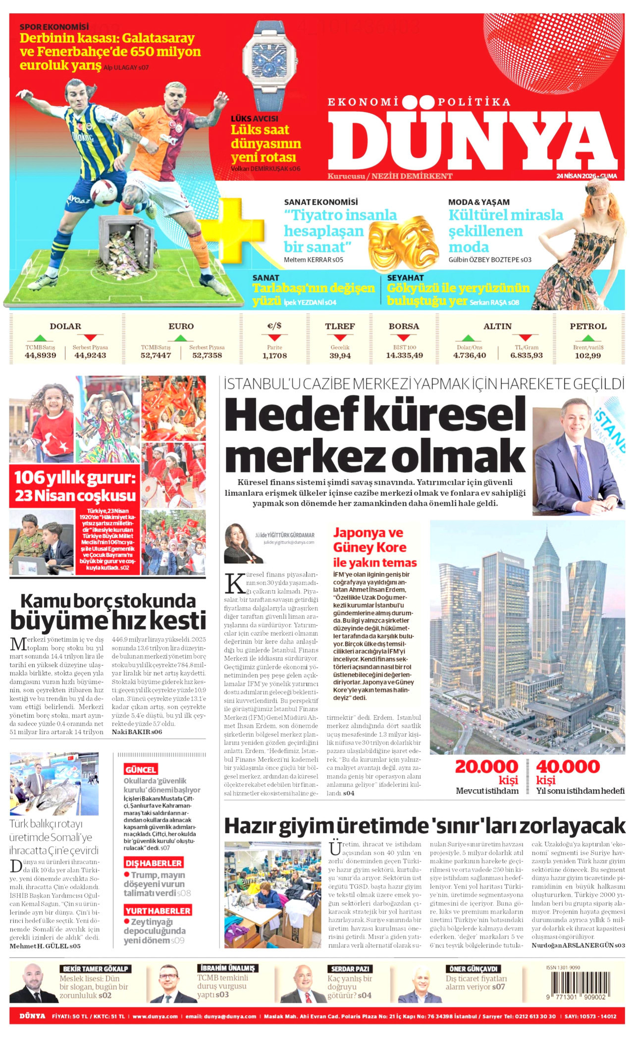 DÜNYA gazetesinin 24 Nisan 2026 tarihli birinci sayfası