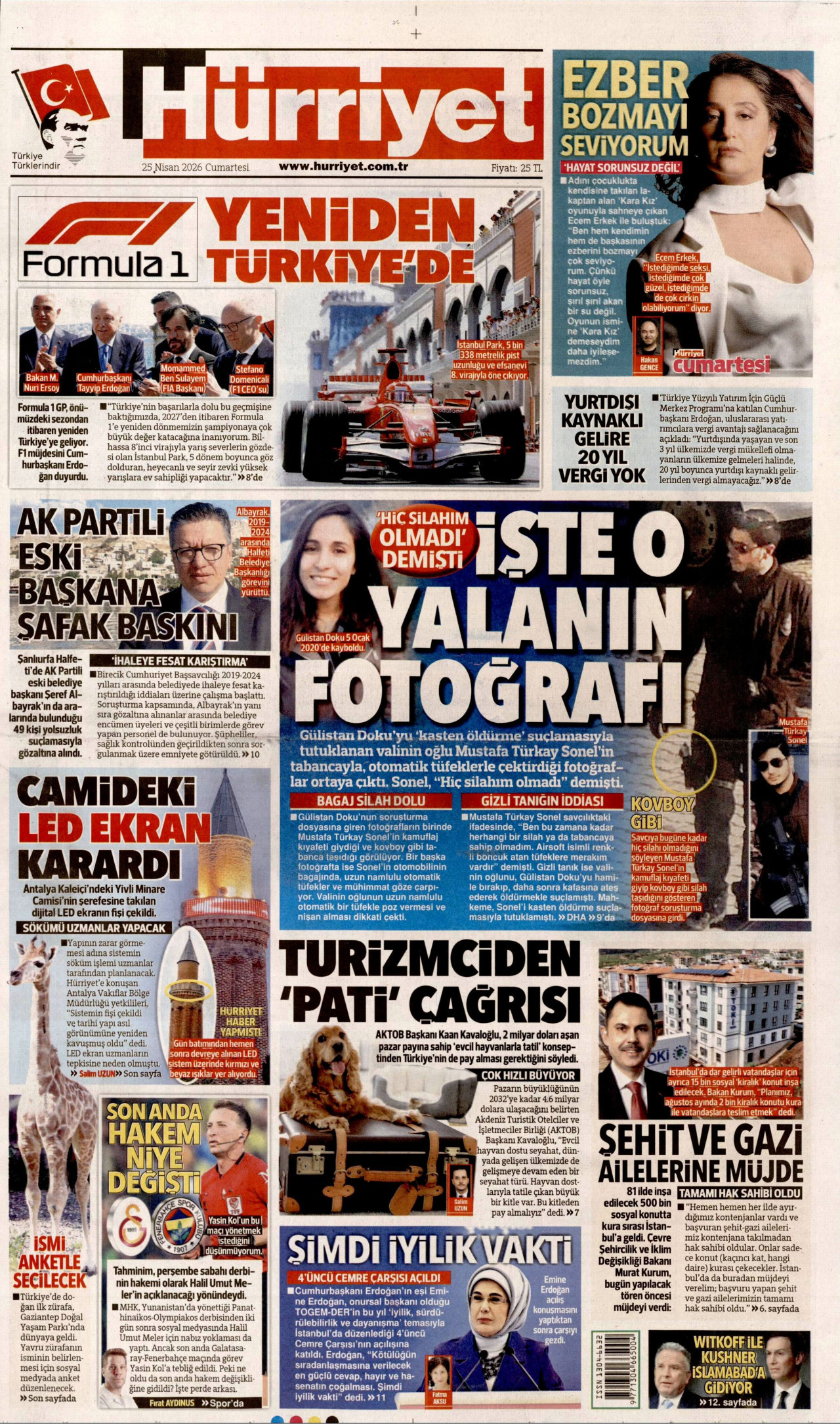 HÜRRİYET gazetesinin 25 Nisan 2026 tarihli birinci sayfası