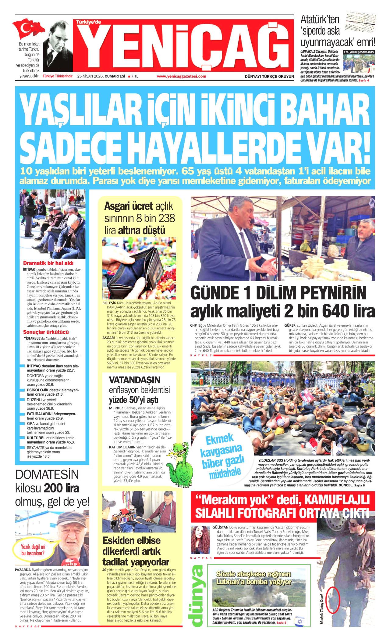 YENİÇAĞ gazetesinin 25 Nisan 2026 tarihli birinci sayfası