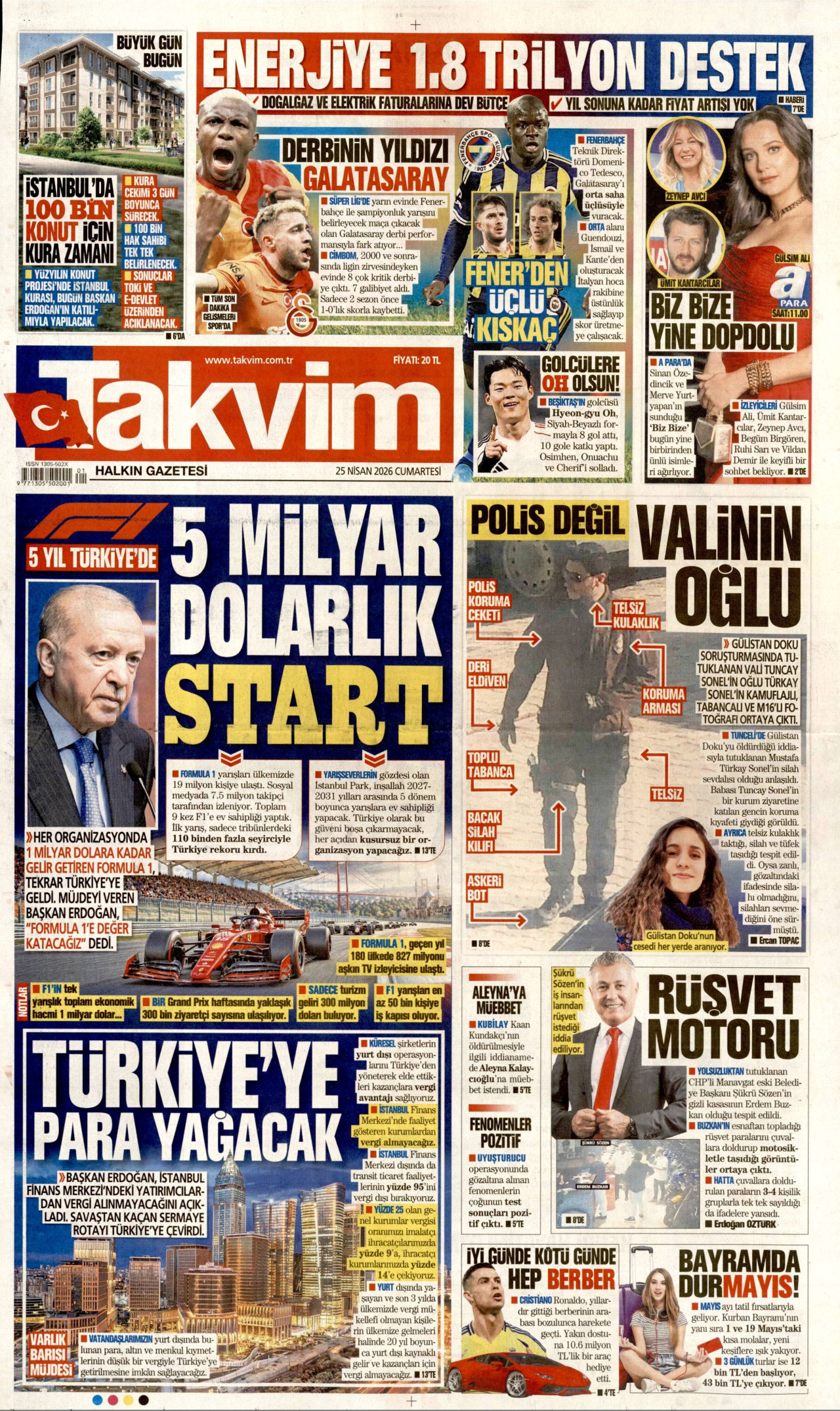 TAKVİM gazetesinin 25 Nisan 2026 tarihli birinci sayfası