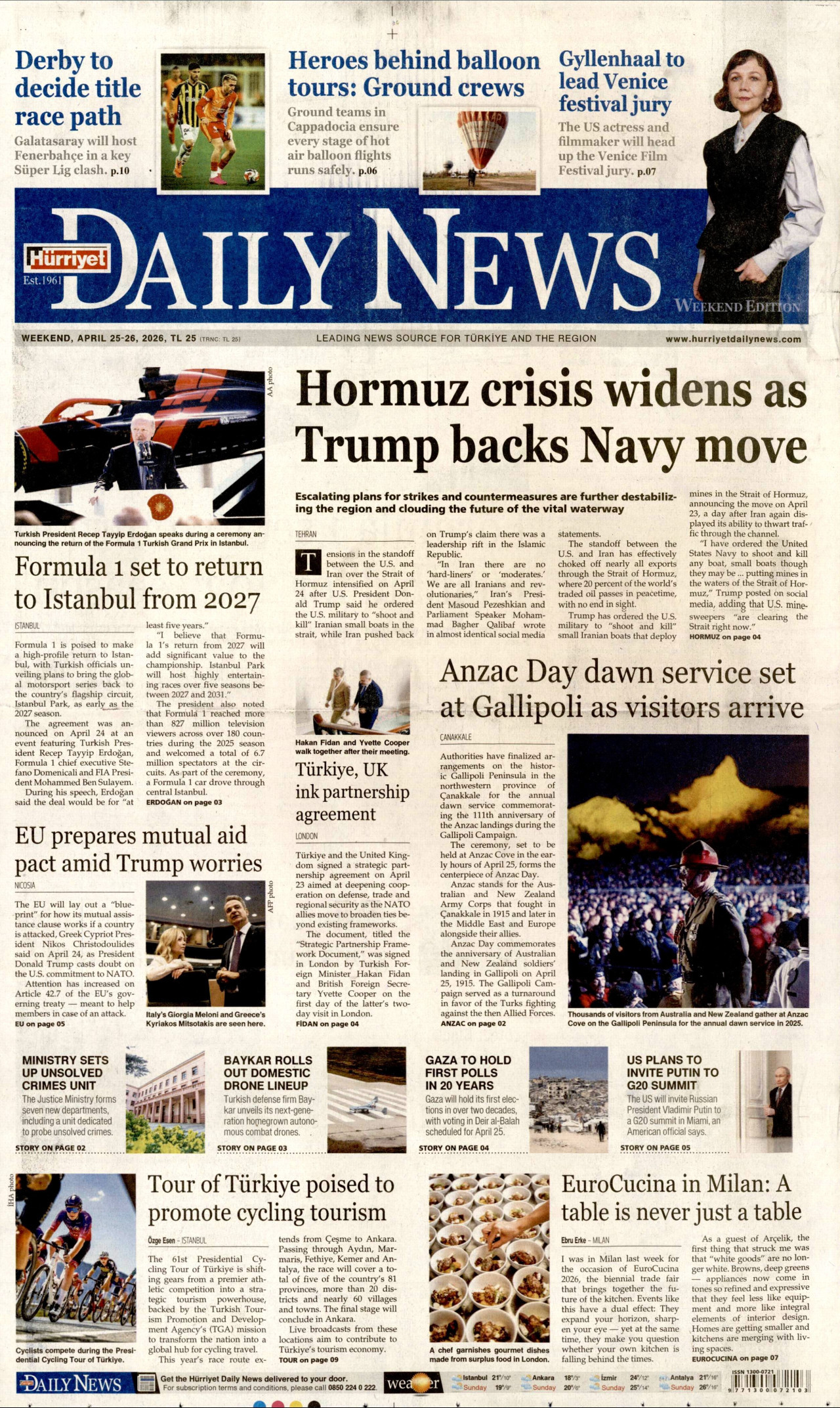 HÜRRİYET DAİLY NEWS gazetesinin 25 Nisan 2026 tarihli birinci sayfası