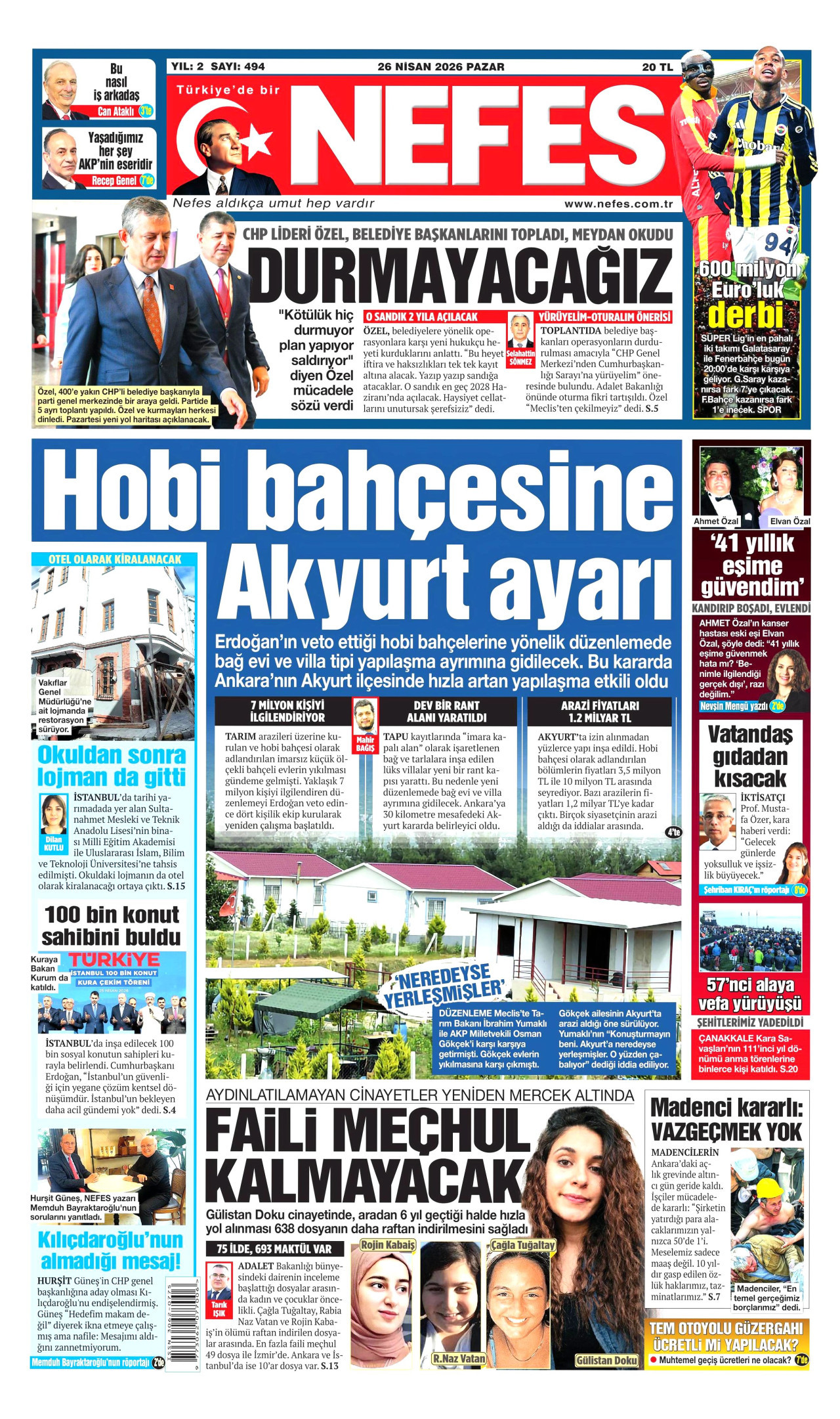 NEFES gazetesinin 26 Nisan 2026 tarihli birinci sayfası
