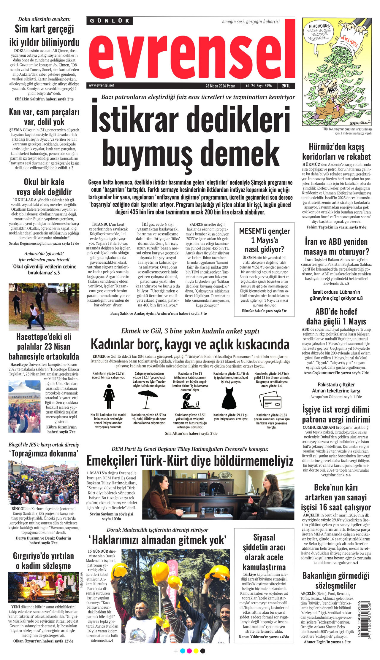 EVRENSEL gazetesinin 26 Nisan 2026 tarihli birinci sayfası