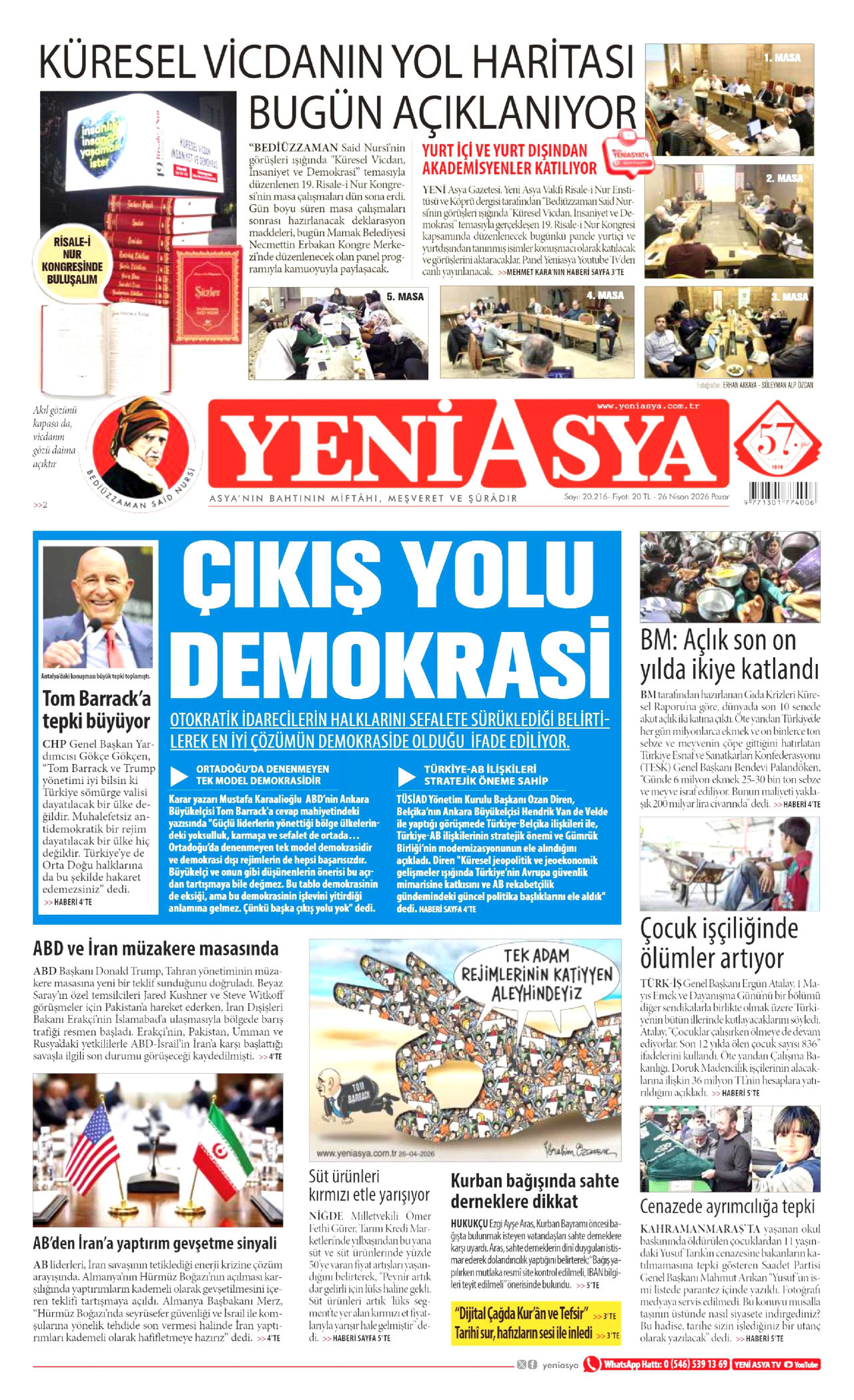 YENİ ASYA gazetesinin 26 Nisan 2026 tarihli birinci sayfası