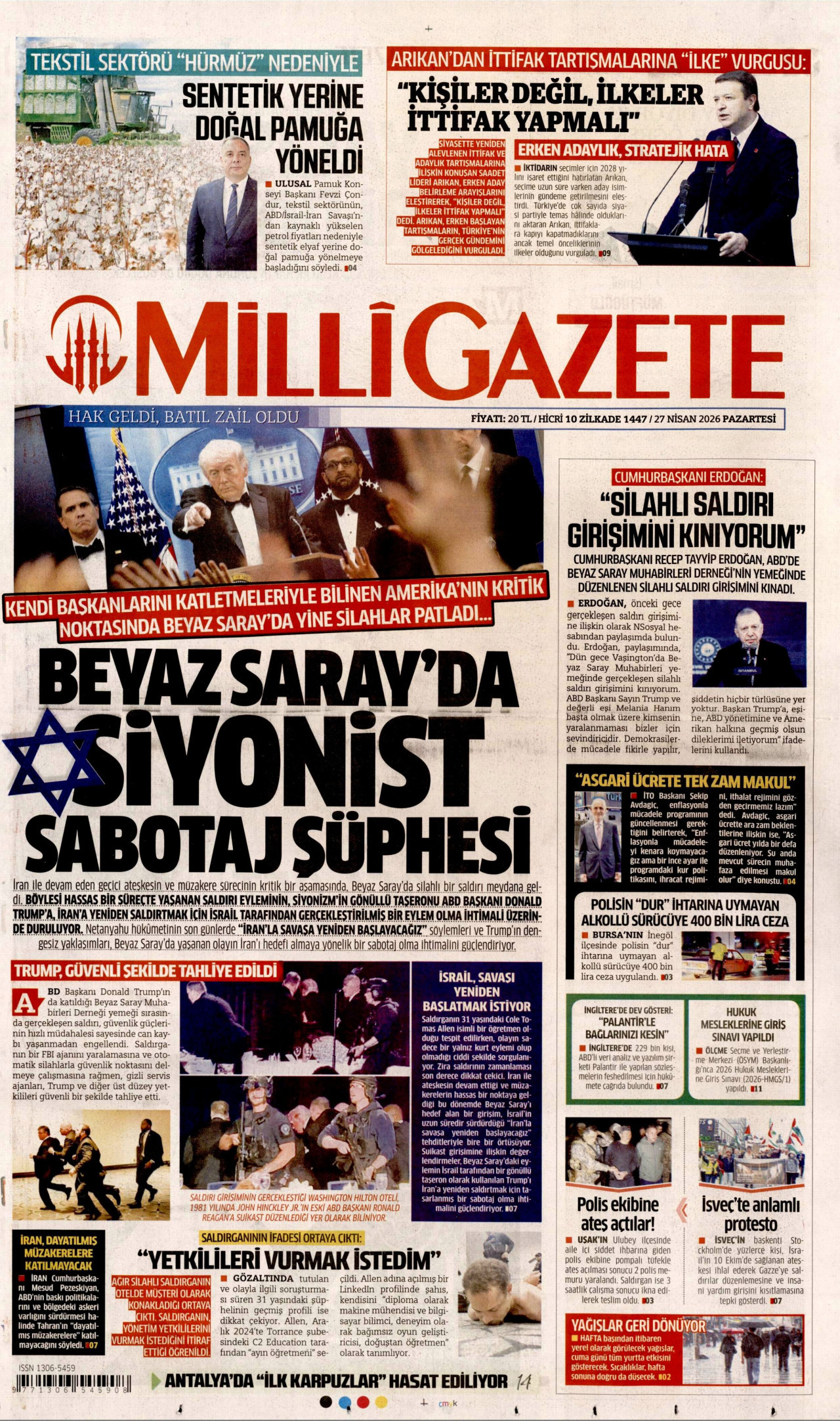 MİLLİ GAZETE gazetesinin 27 Nisan 2026 tarihli birinci sayfası