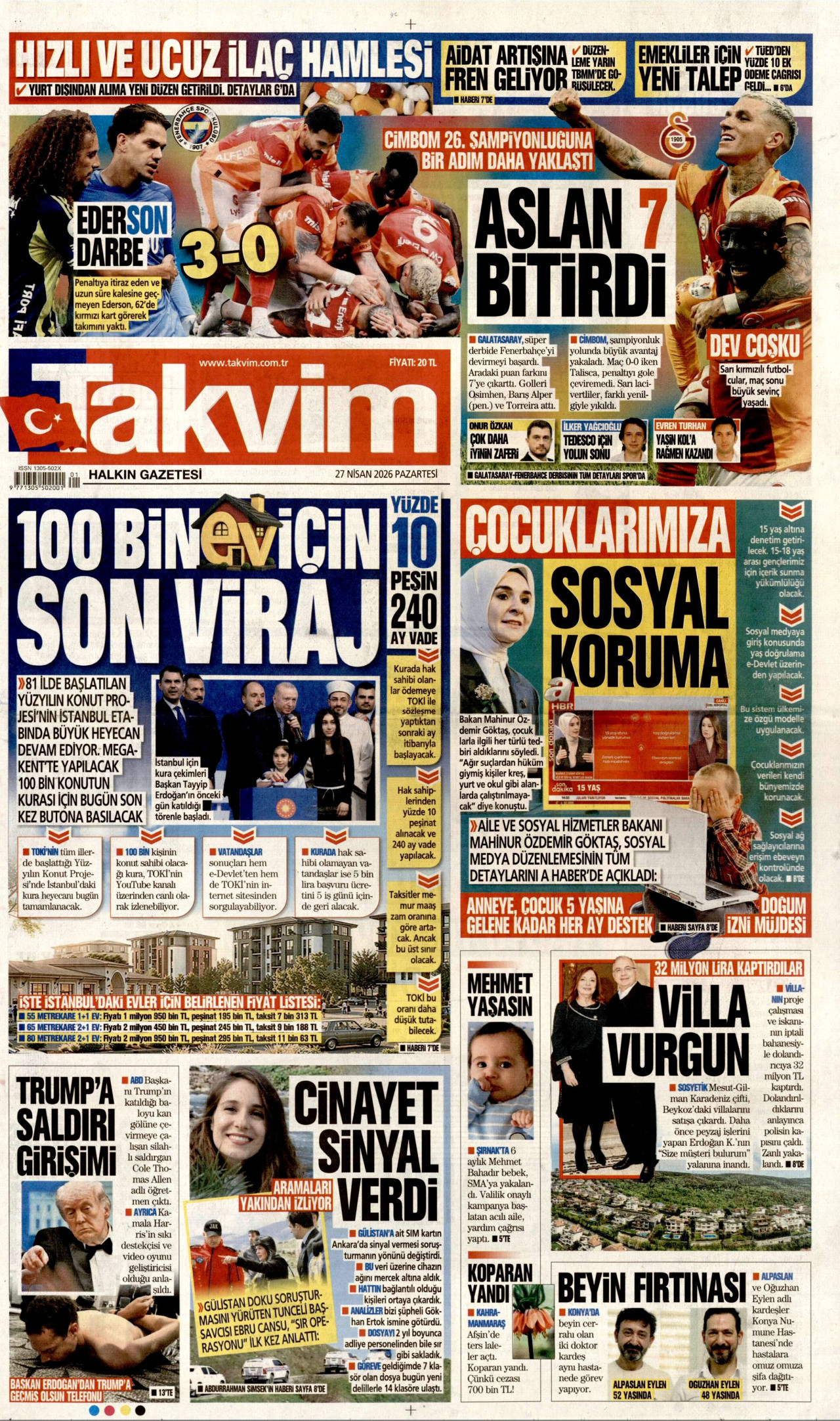 TAKVİM gazetesinin 27 Nisan 2026 tarihli birinci sayfası