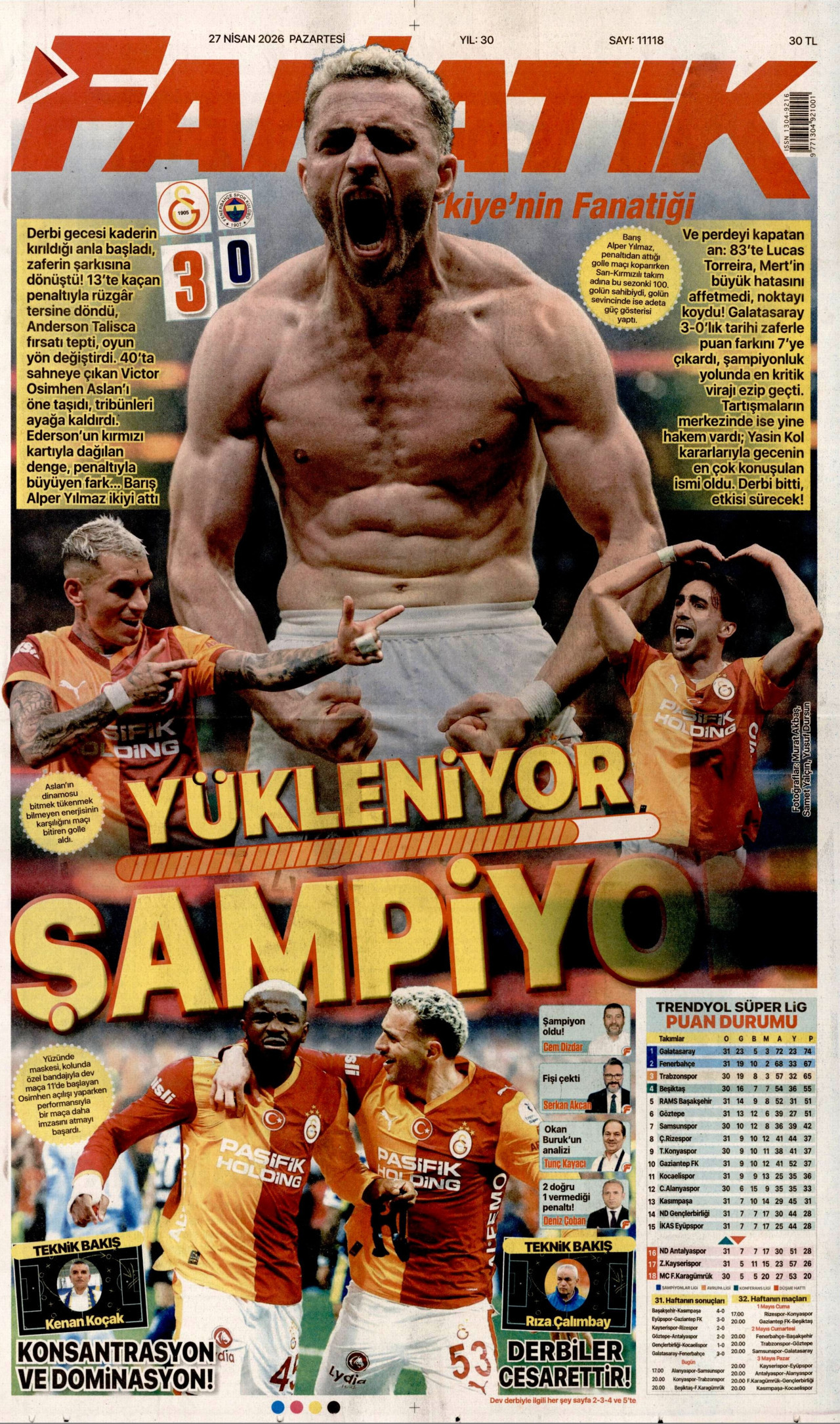 FANATİK gazetesinin 27 Nisan 2026 tarihli birinci sayfası