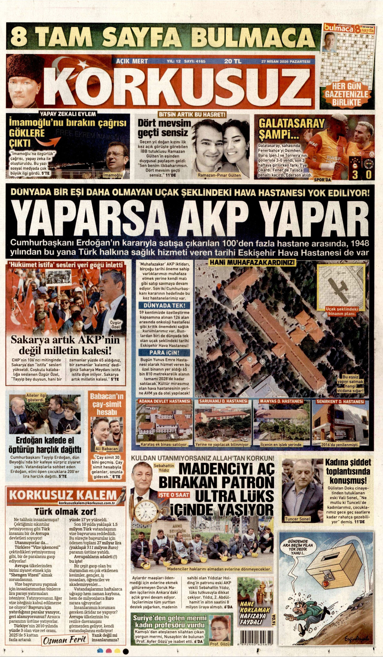 KORKUSUZ gazetesinin 27 Nisan 2026 tarihli birinci sayfası