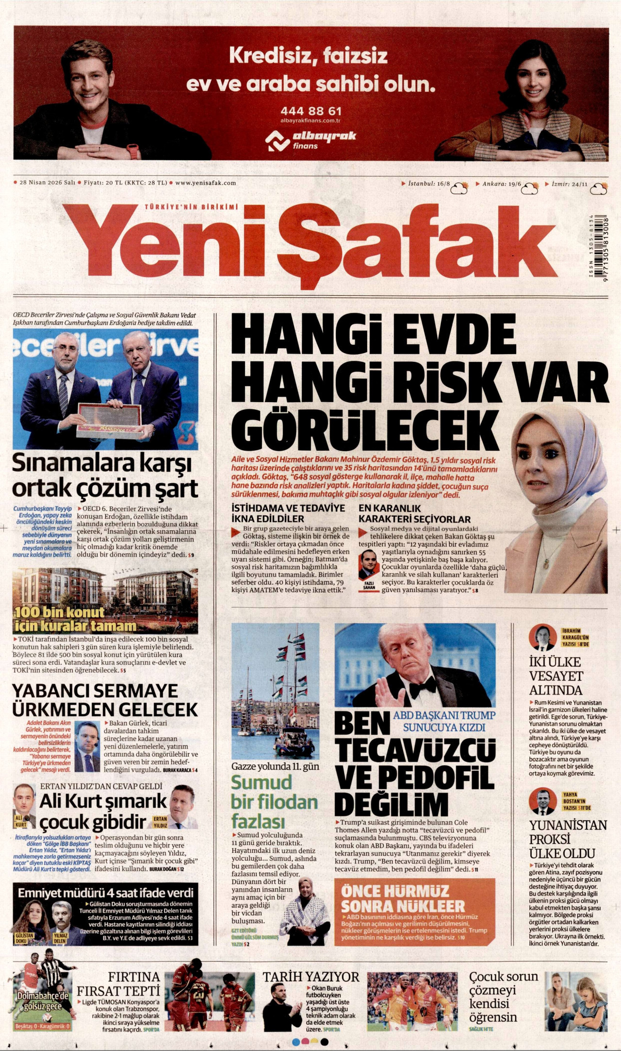 YENİ ŞAFAK gazetesinin 28 Nisan 2026 tarihli birinci sayfası