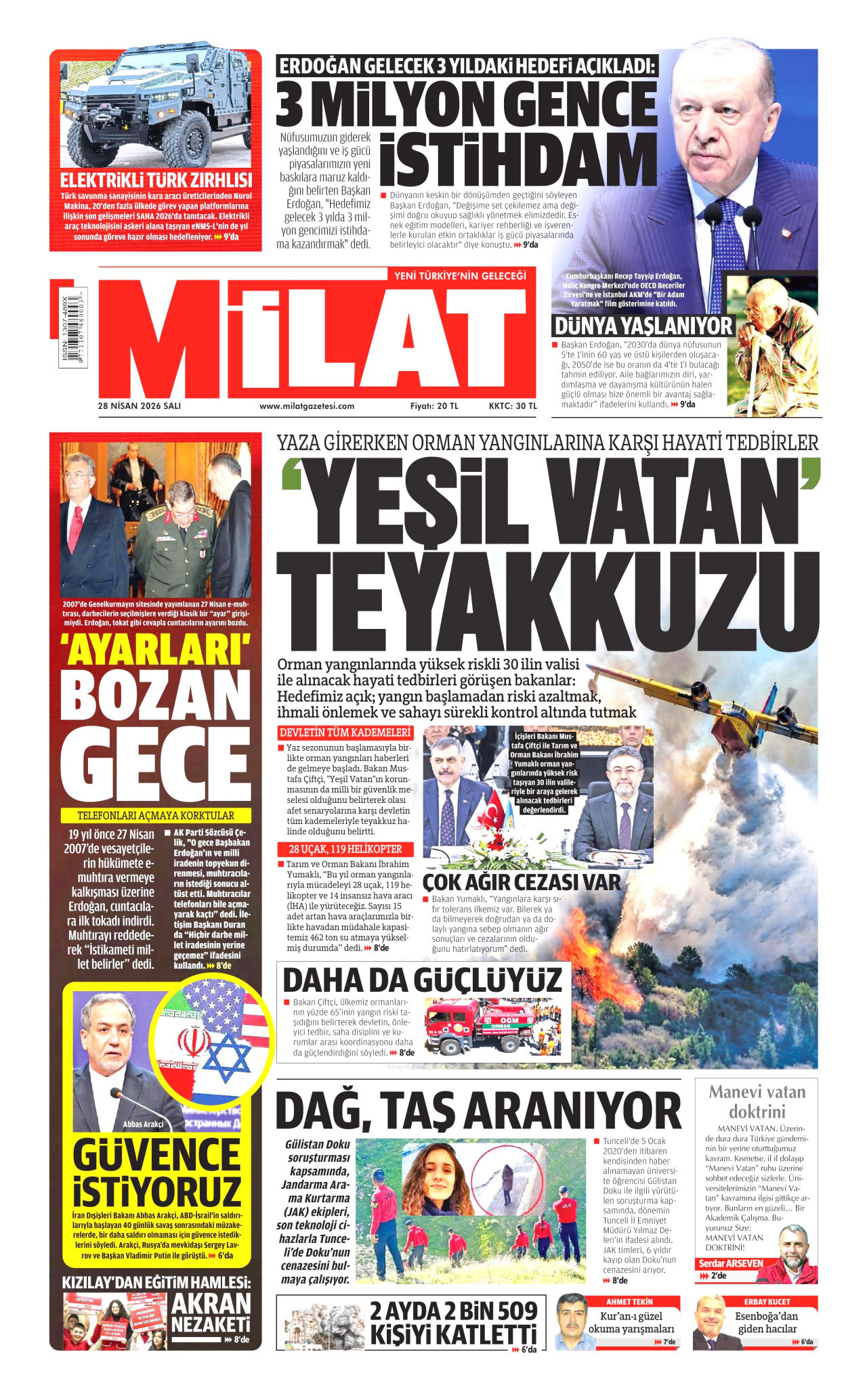 MİLAT gazetesinin 28 Nisan 2026 tarihli birinci sayfası