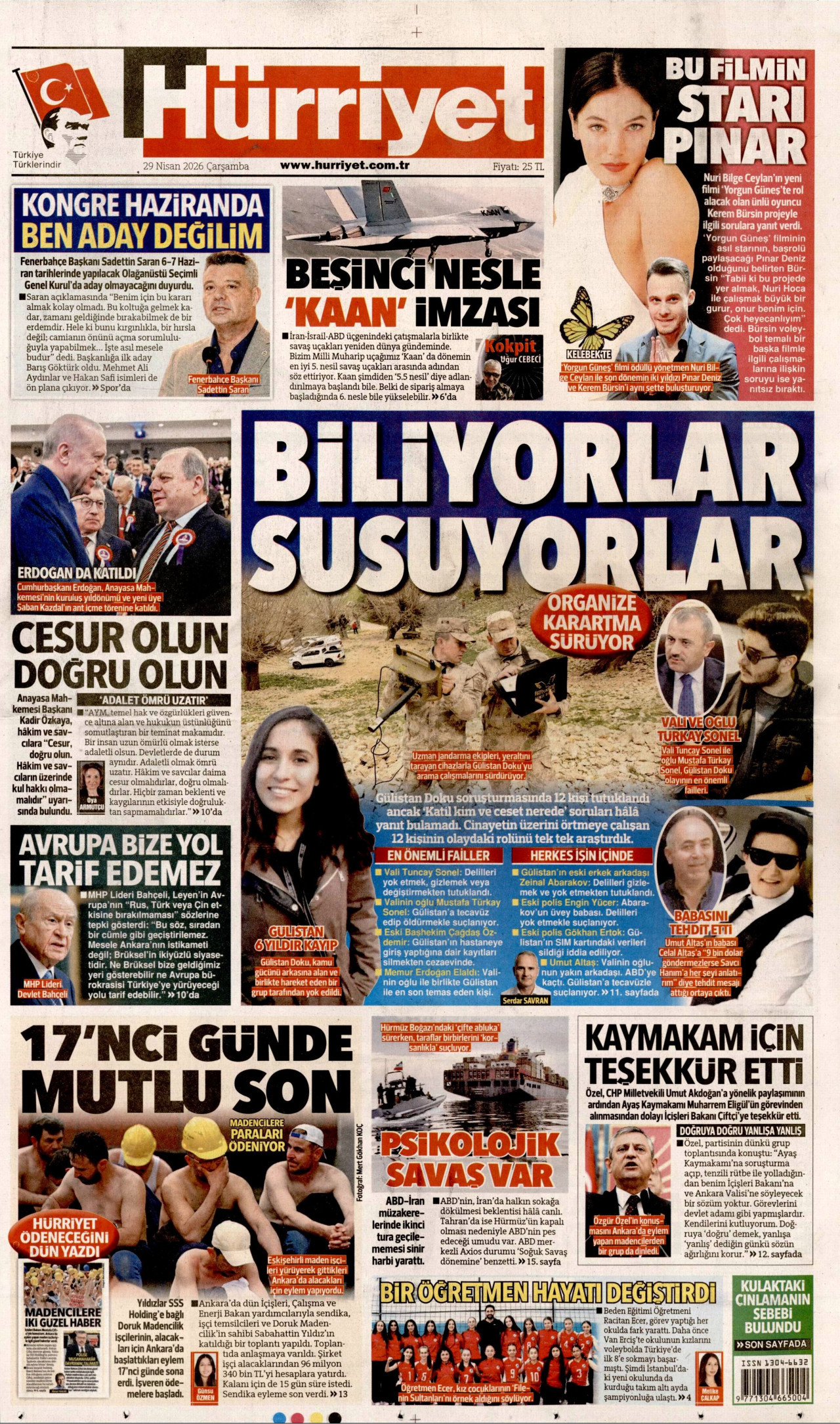 HÜRRİYET gazetesinin 29 Nisan 2026 tarihli birinci sayfası