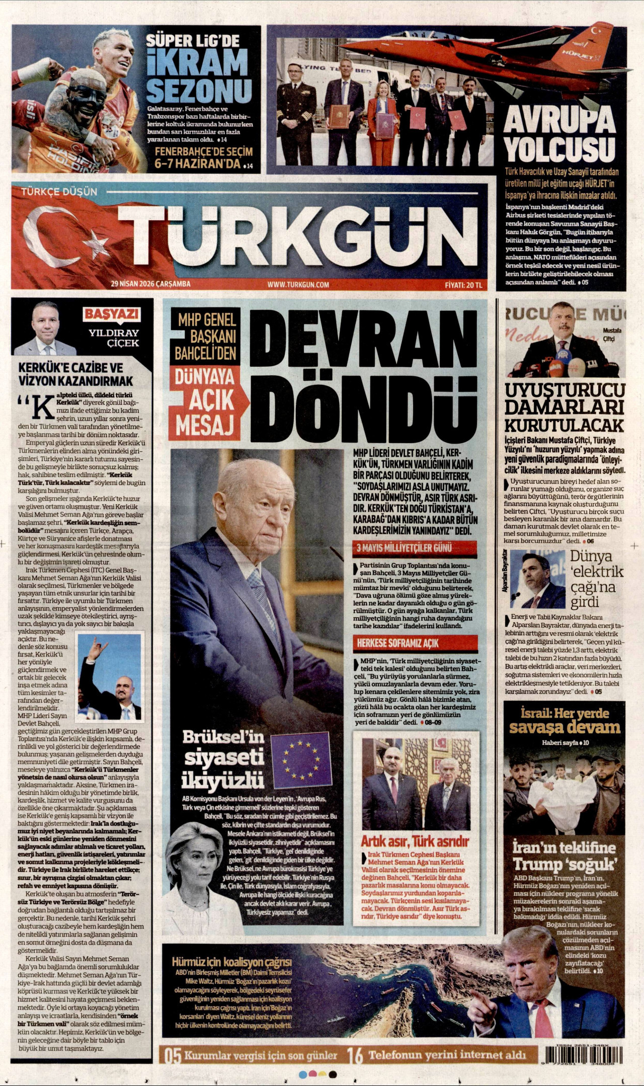 TÜRKGÜN gazetesinin 29 Nisan 2026 tarihli birinci sayfası