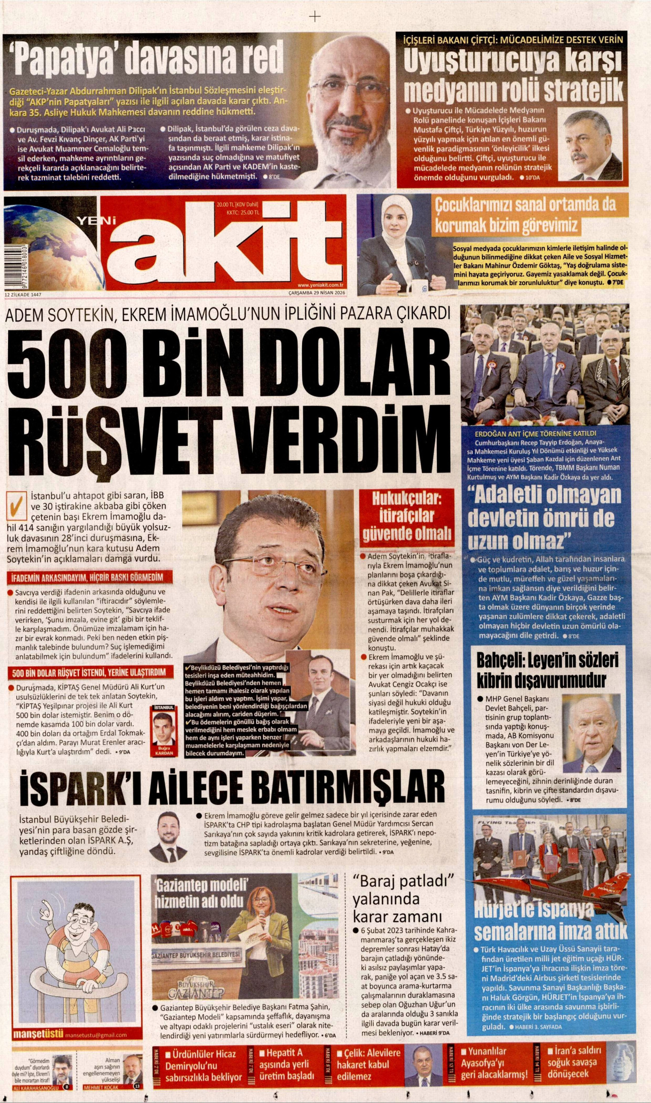YENİ AKİT gazetesinin 29 Nisan 2026 tarihli birinci sayfası