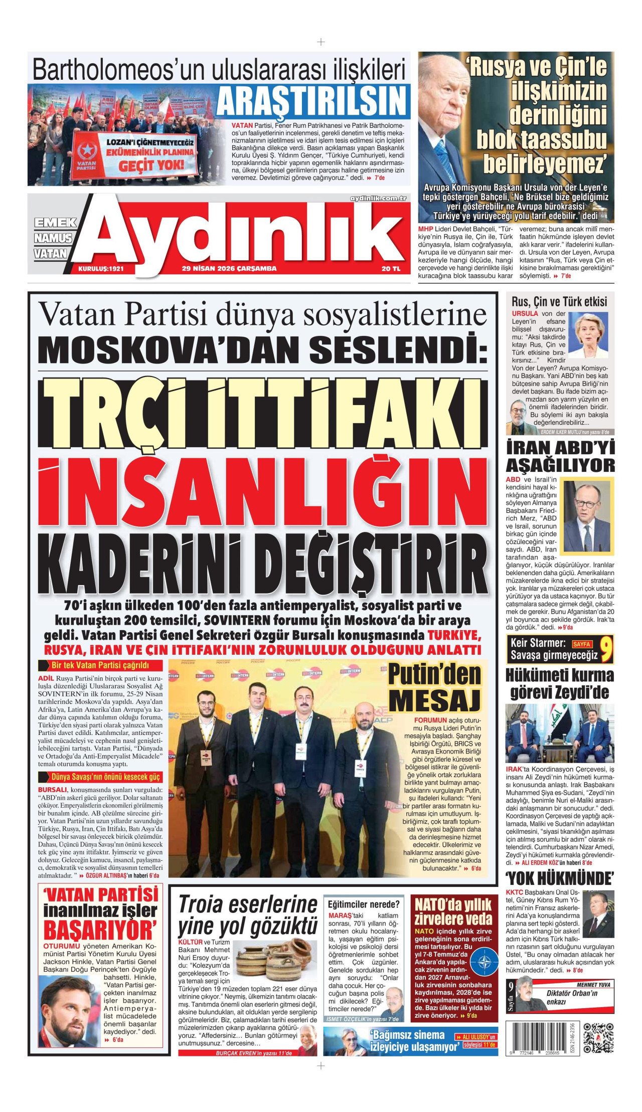 AYDINLIK GAZETESİ gazetesinin 29 Nisan 2026 tarihli birinci sayfası