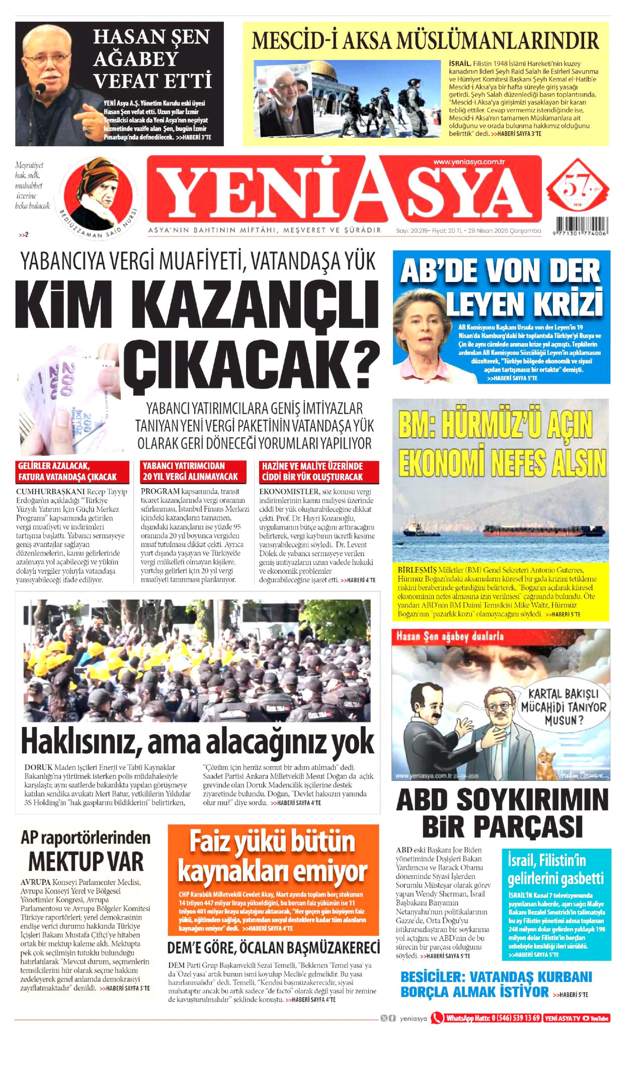 YENİ ASYA gazetesinin 29 Nisan 2026 tarihli birinci sayfası