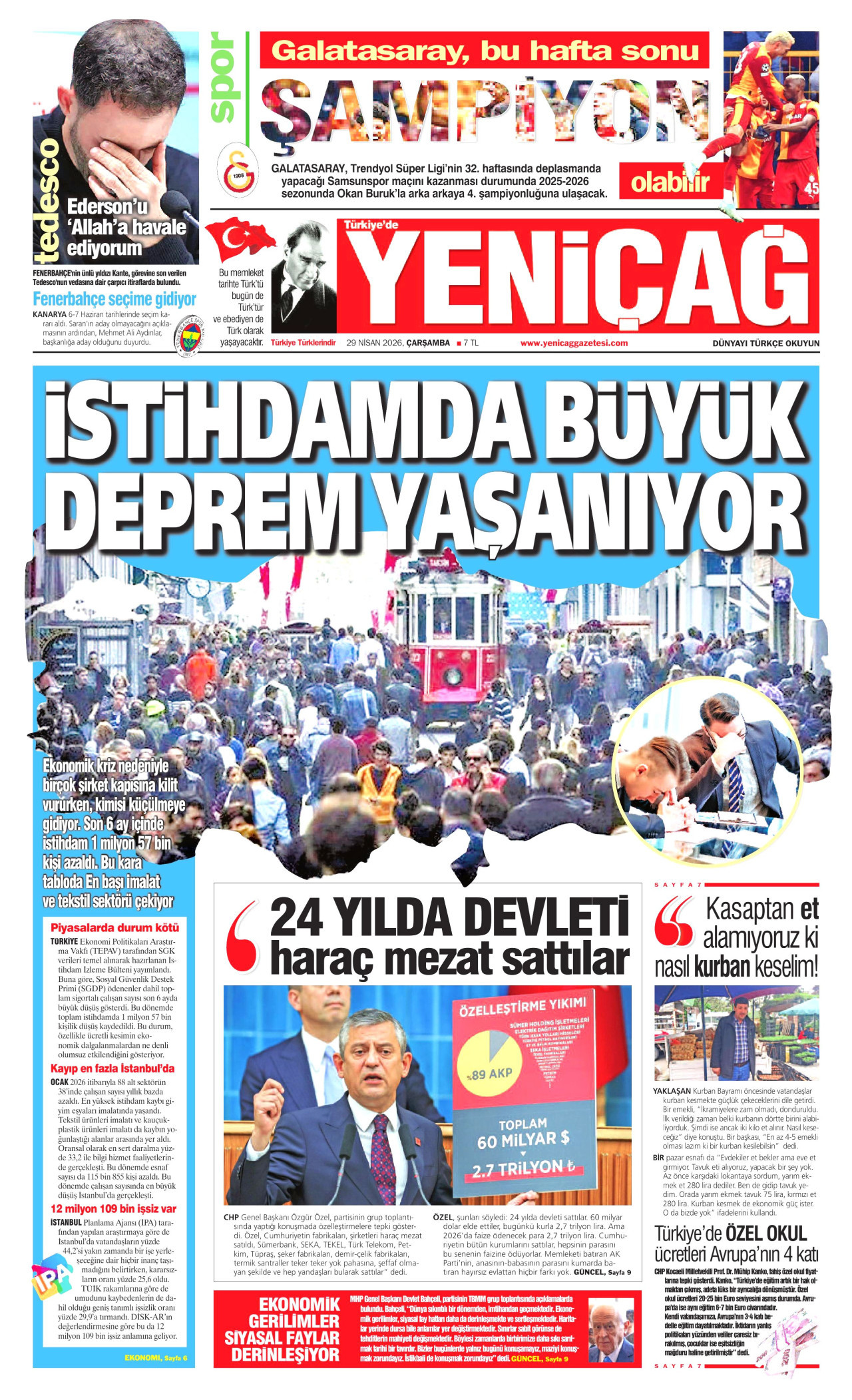 YENİÇAĞ gazetesinin 29 Nisan 2026 tarihli birinci sayfası