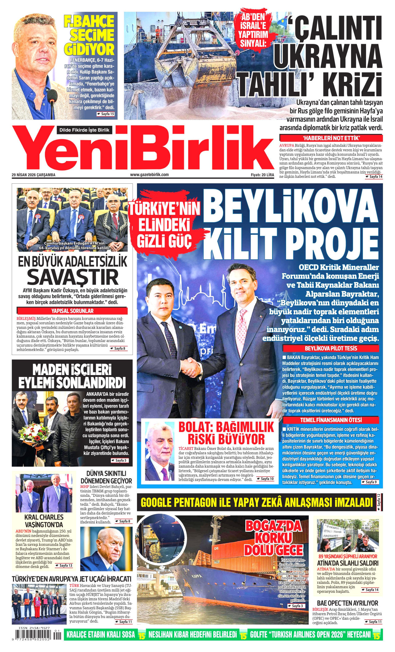 YENİBİRLİK gazetesinin 29 Nisan 2026 tarihli birinci sayfası