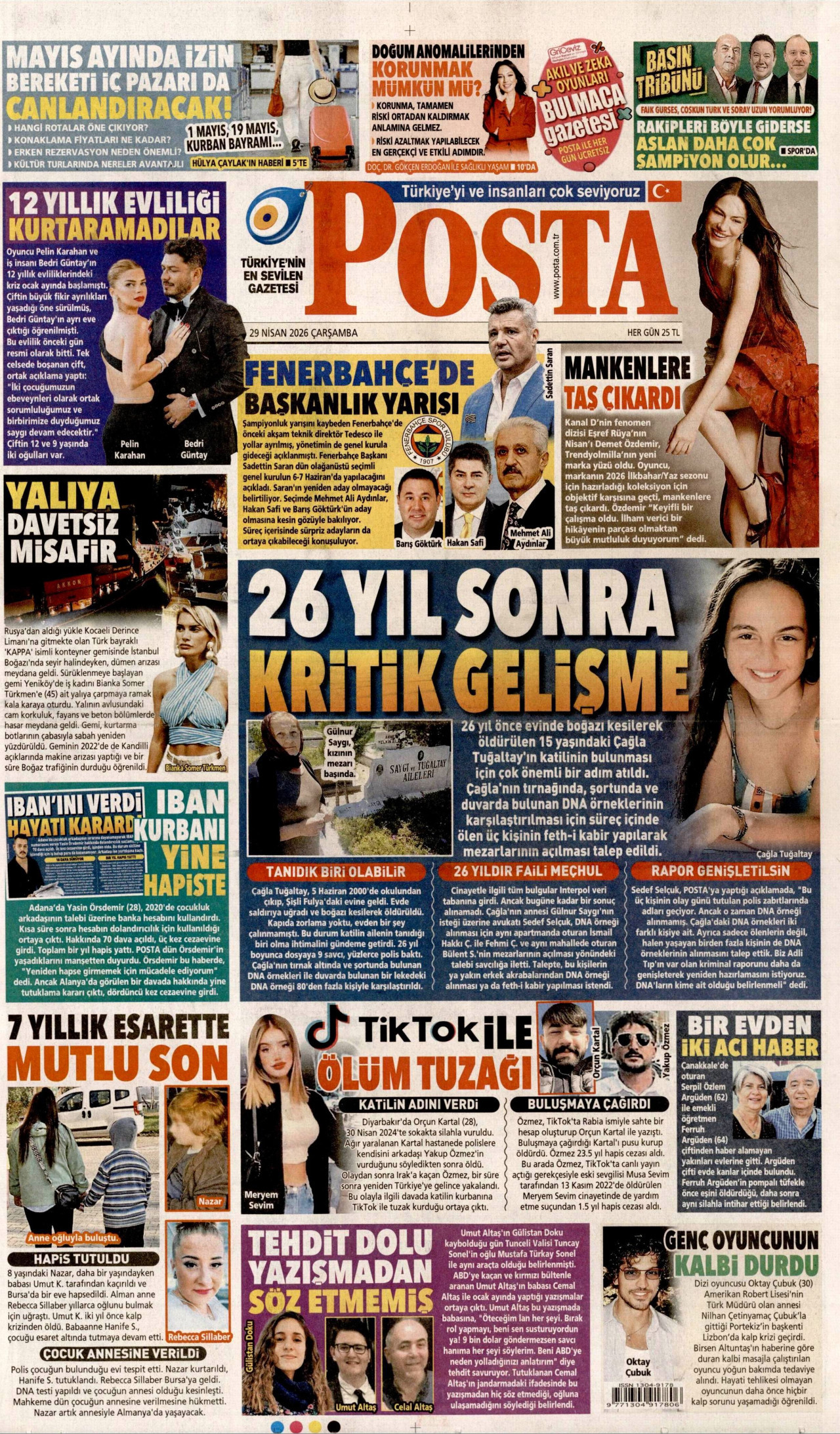 POSTA gazetesinin 29 Nisan 2026 tarihli birinci sayfası