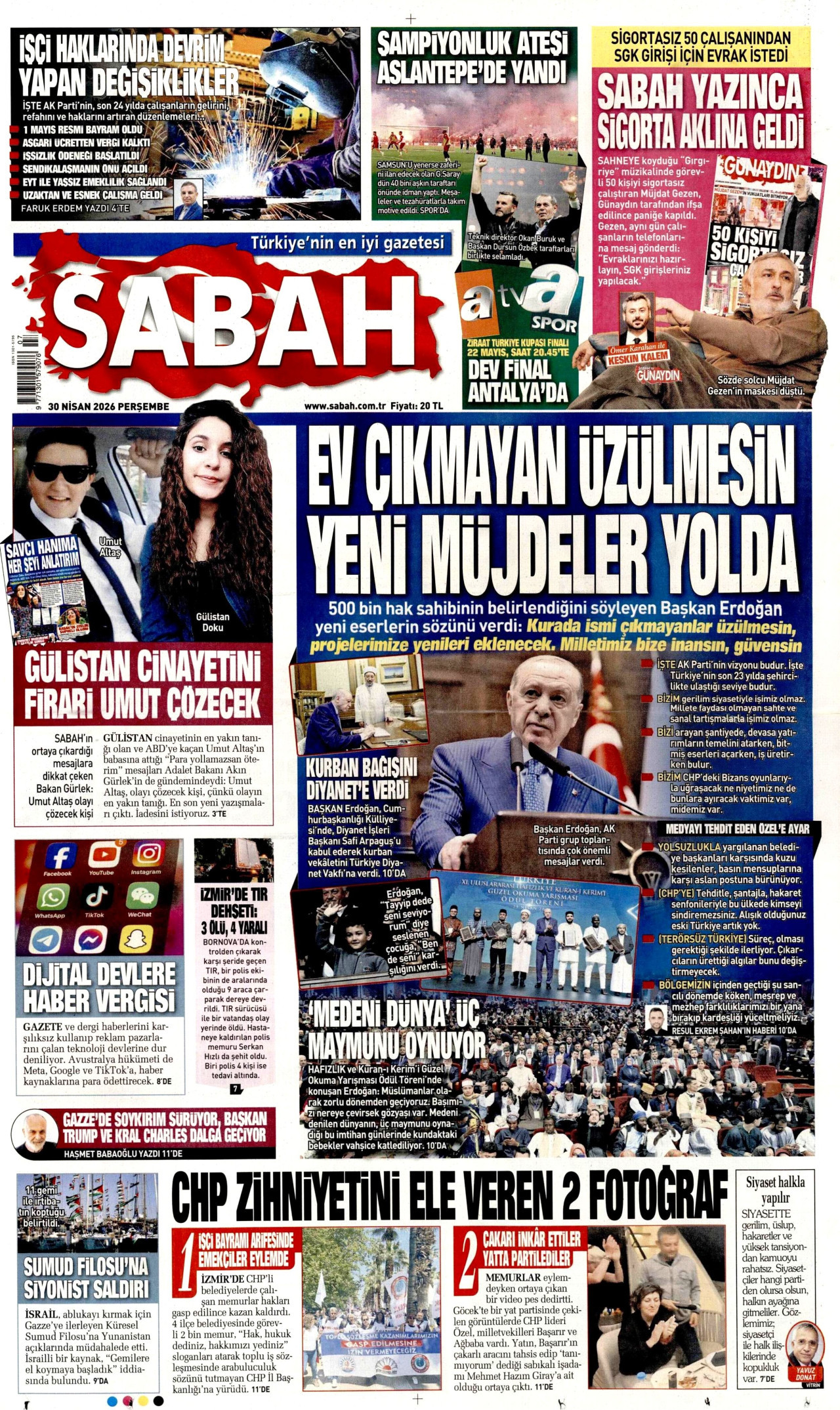 SABAH gazetesinin 30 Nisan 2026 tarihli birinci sayfası