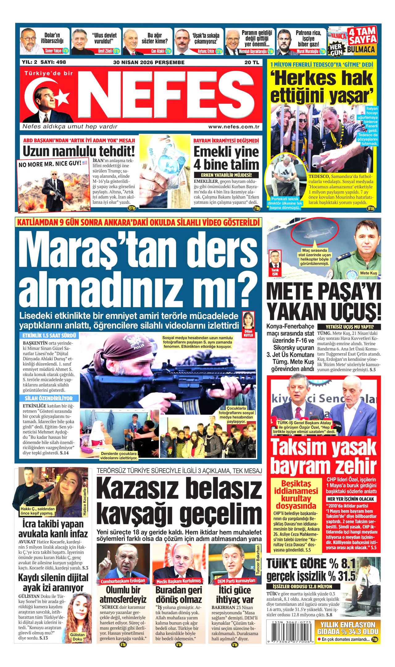 NEFES gazetesinin 30 Nisan 2026 tarihli birinci sayfası