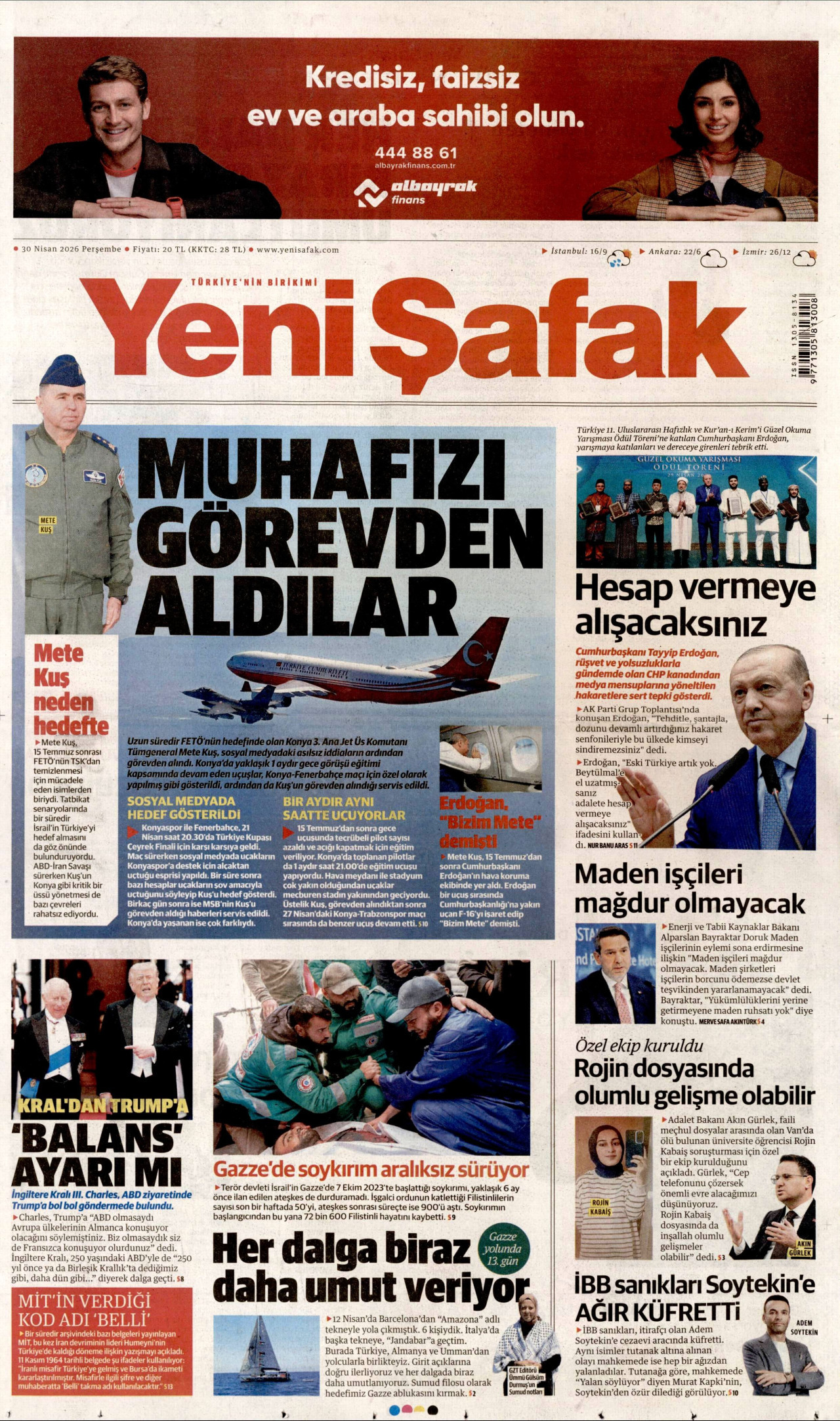 YENİ ŞAFAK gazetesinin 30 Nisan 2026 tarihli birinci sayfası