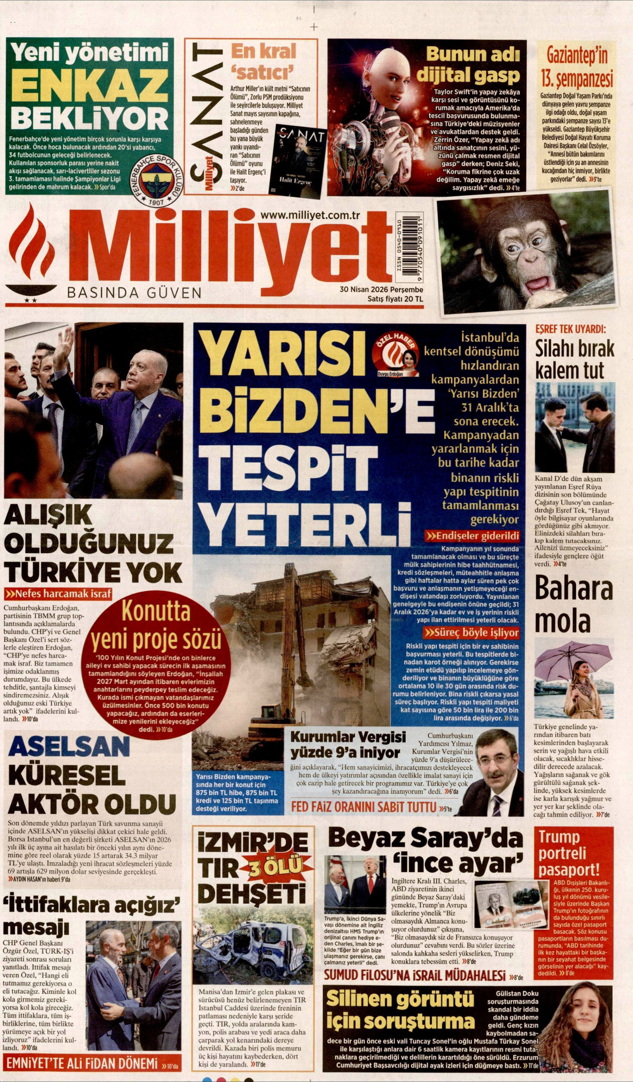 MİLLİYET gazetesinin 30 Nisan 2026 tarihli birinci sayfası