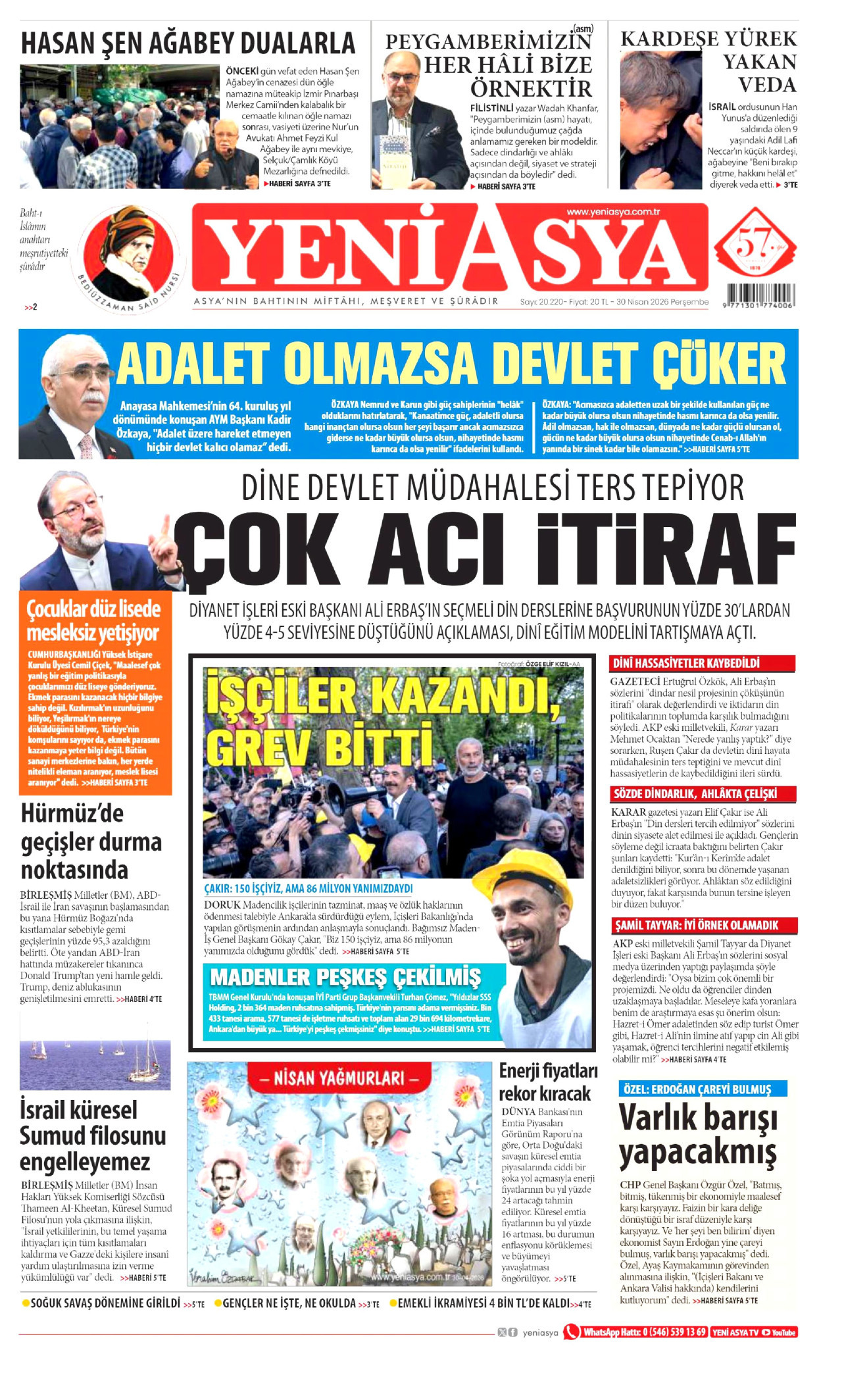 YENİ ASYA gazetesinin 30 Nisan 2026 tarihli birinci sayfası