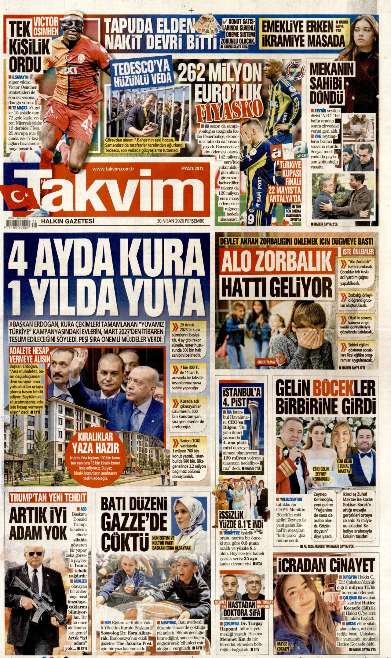 TAKVİM gazetesinin 30 Nisan 2026 tarihli birinci sayfası