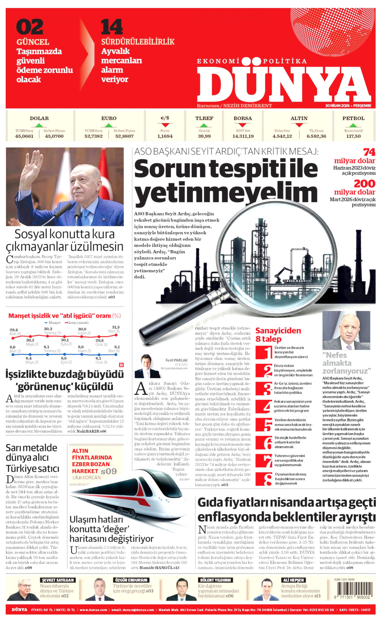 DÜNYA gazetesinin 30 Nisan 2026 tarihli birinci sayfası