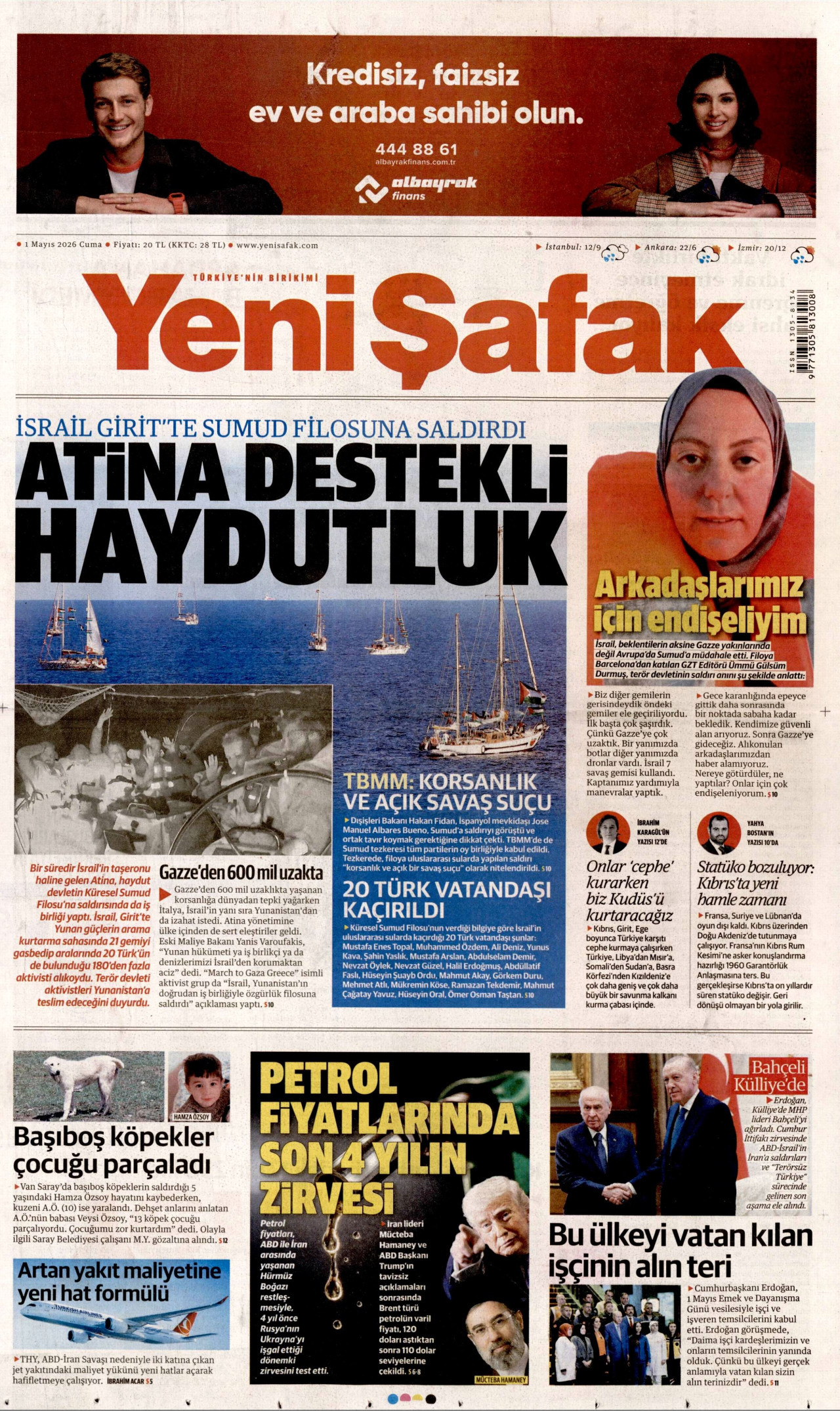 YENİ ŞAFAK gazetesinin 1 Mayıs 2026 tarihli birinci sayfası