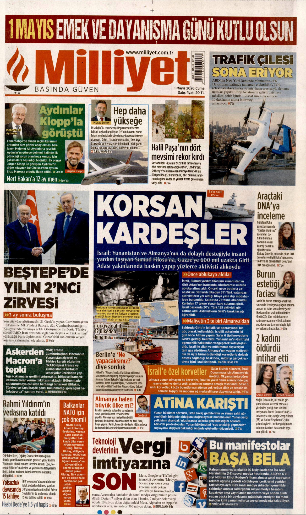 MİLLİYET gazetesinin 1 Mayıs 2026 tarihli birinci sayfası