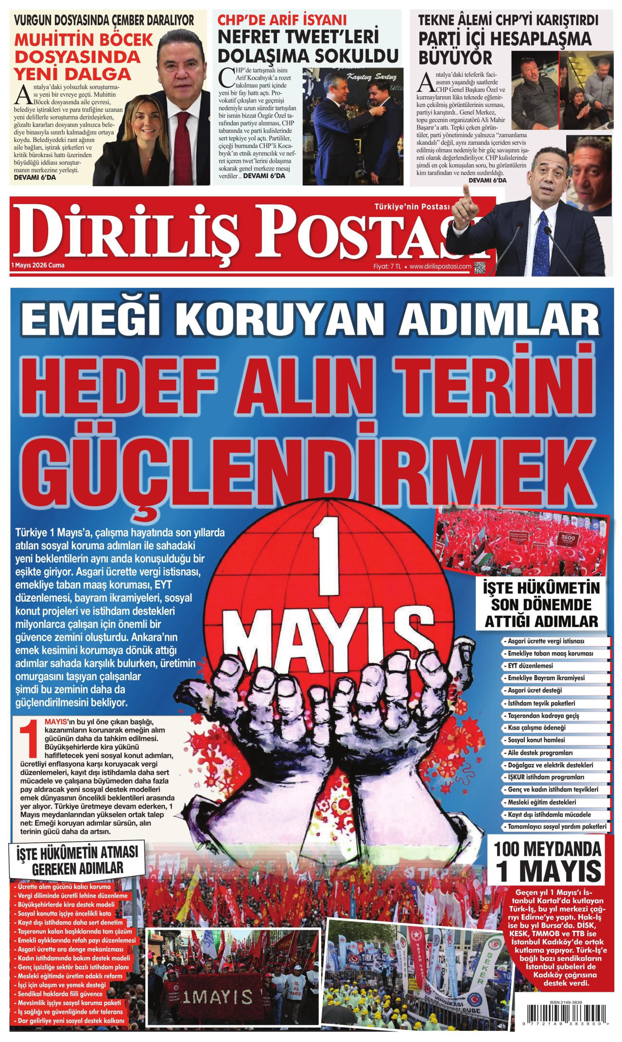 DİRİLİŞ POSTASI gazetesinin 1 Mayıs 2026 tarihli birinci sayfası
