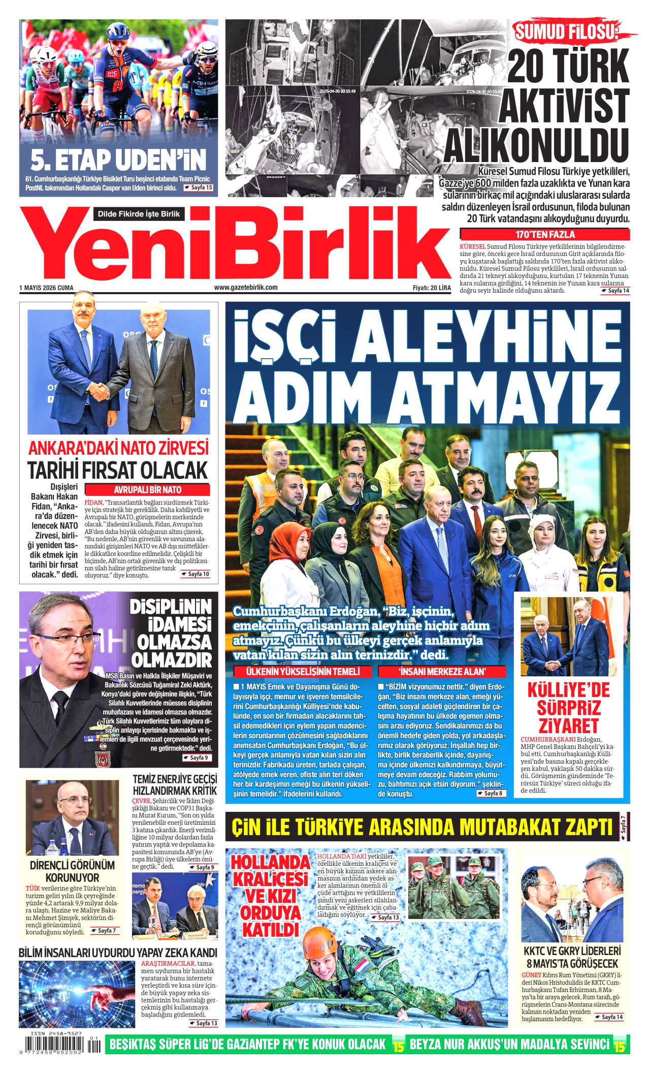 YENİBİRLİK gazetesinin 1 Mayıs 2026 tarihli birinci sayfası