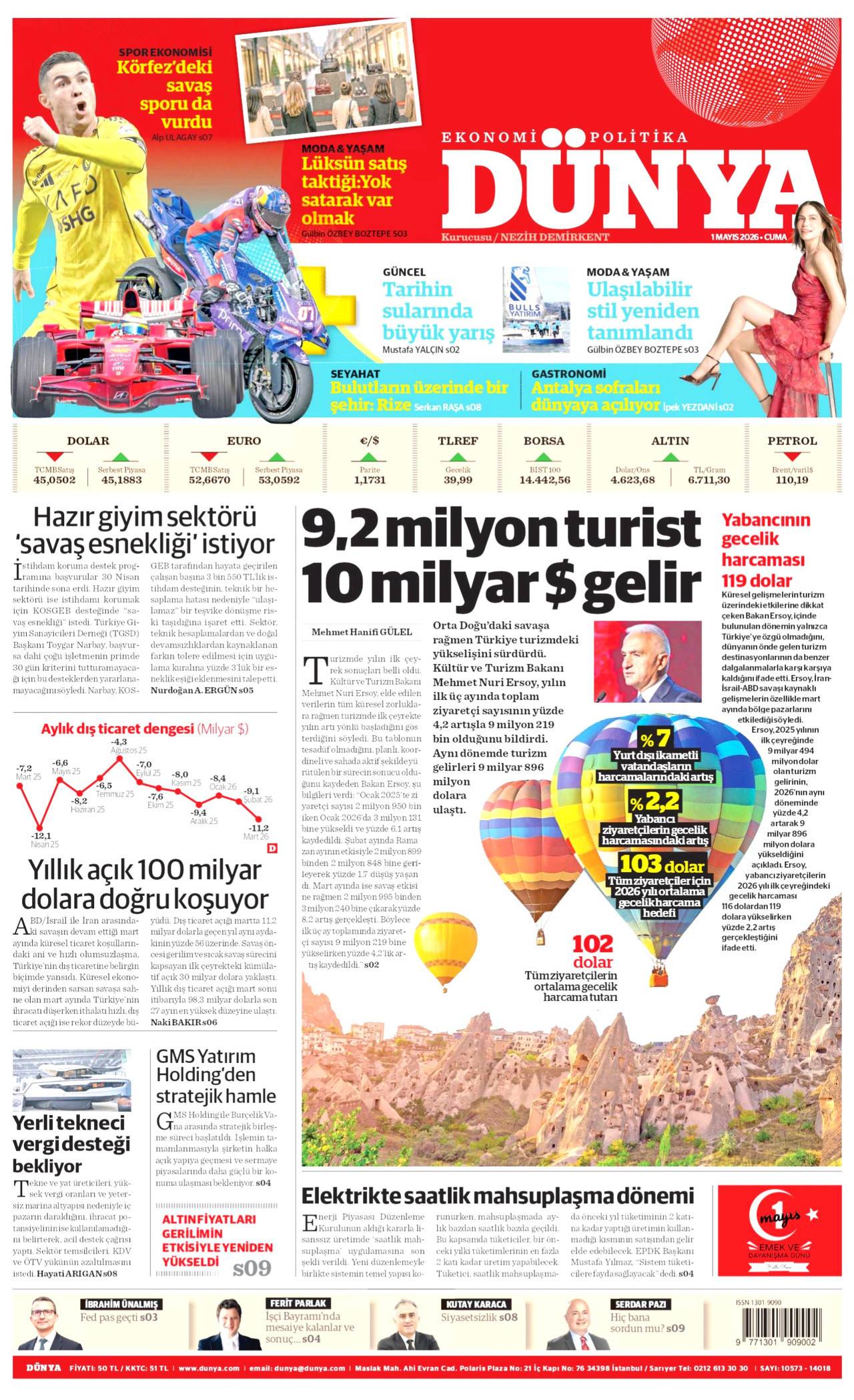 DÜNYA gazetesinin 1 Mayıs 2026 tarihli birinci sayfası