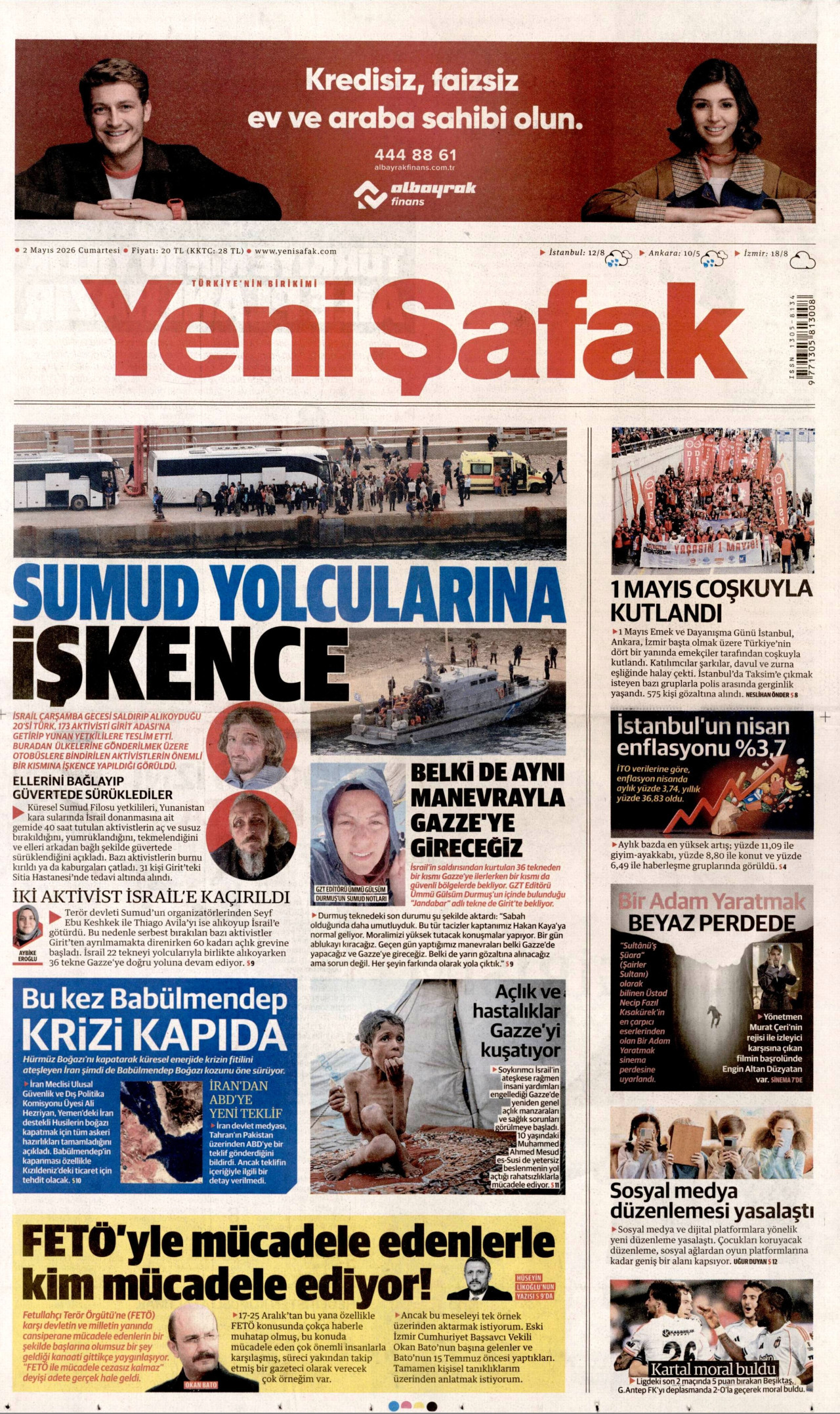 YENİ ŞAFAK gazetesinin 2 Mayıs 2026 tarihli birinci sayfası