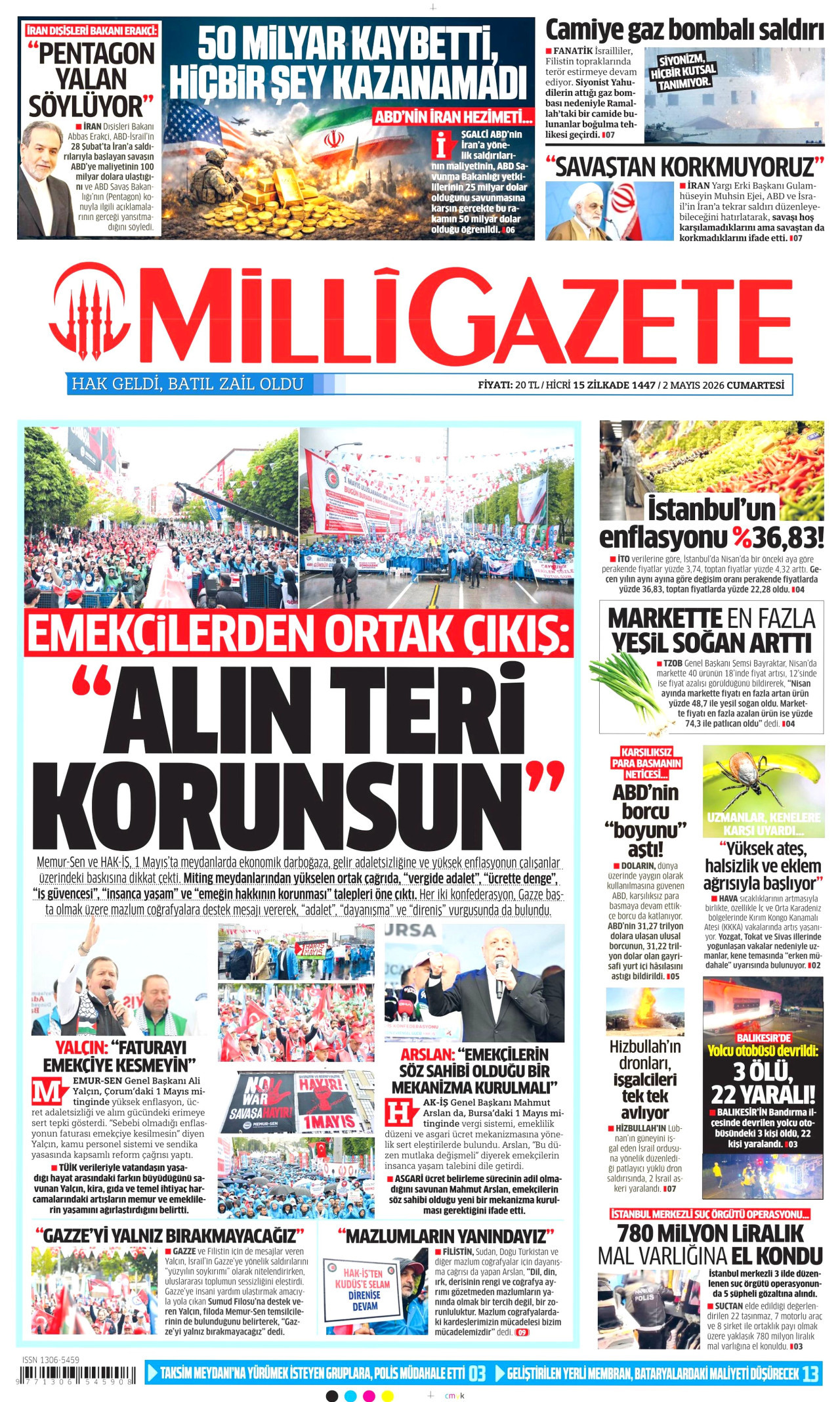 MİLLİ GAZETE gazetesinin 2 Mayıs 2026 tarihli birinci sayfası