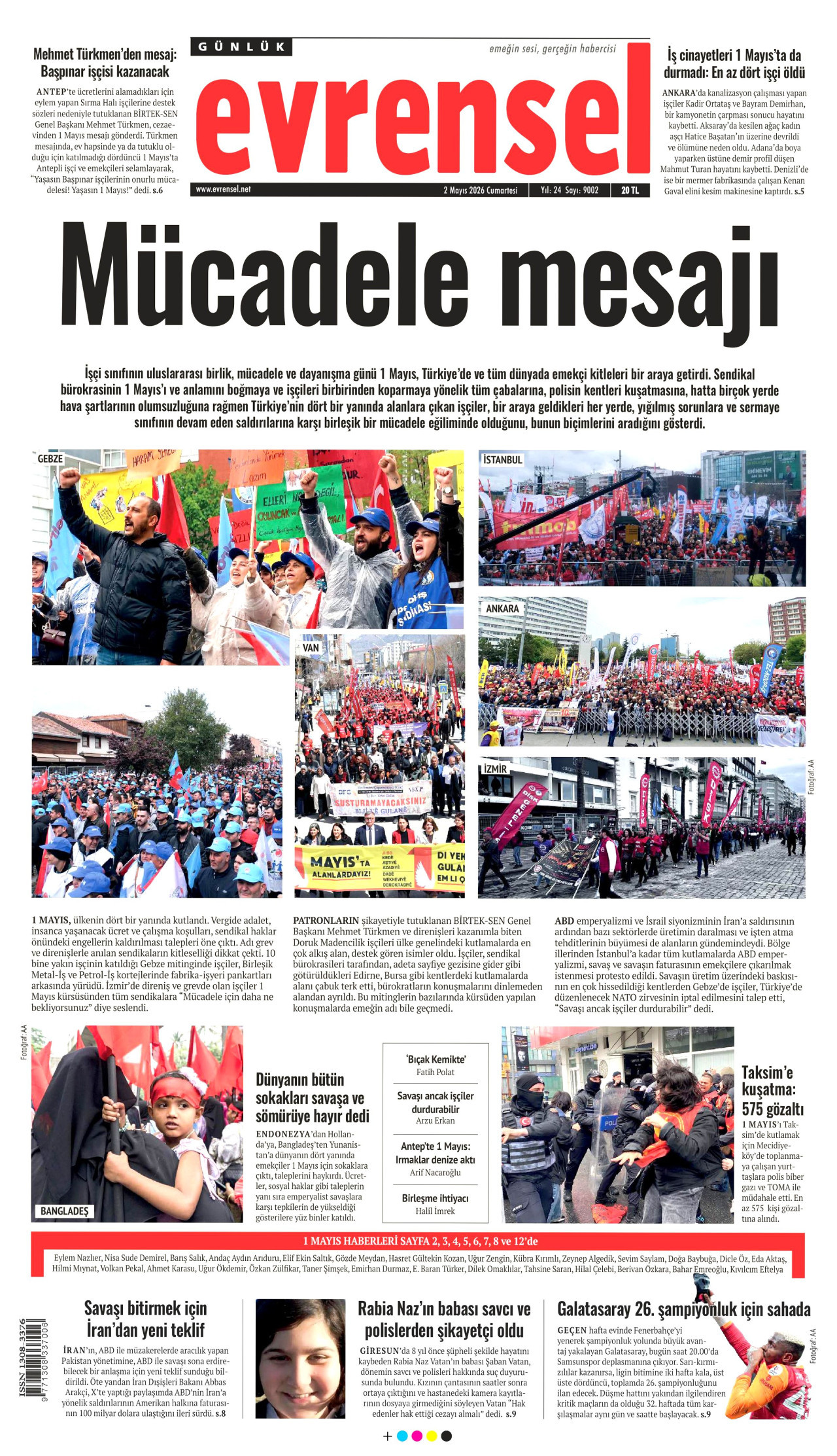 EVRENSEL gazetesinin 2 Mayıs 2026 tarihli birinci sayfası