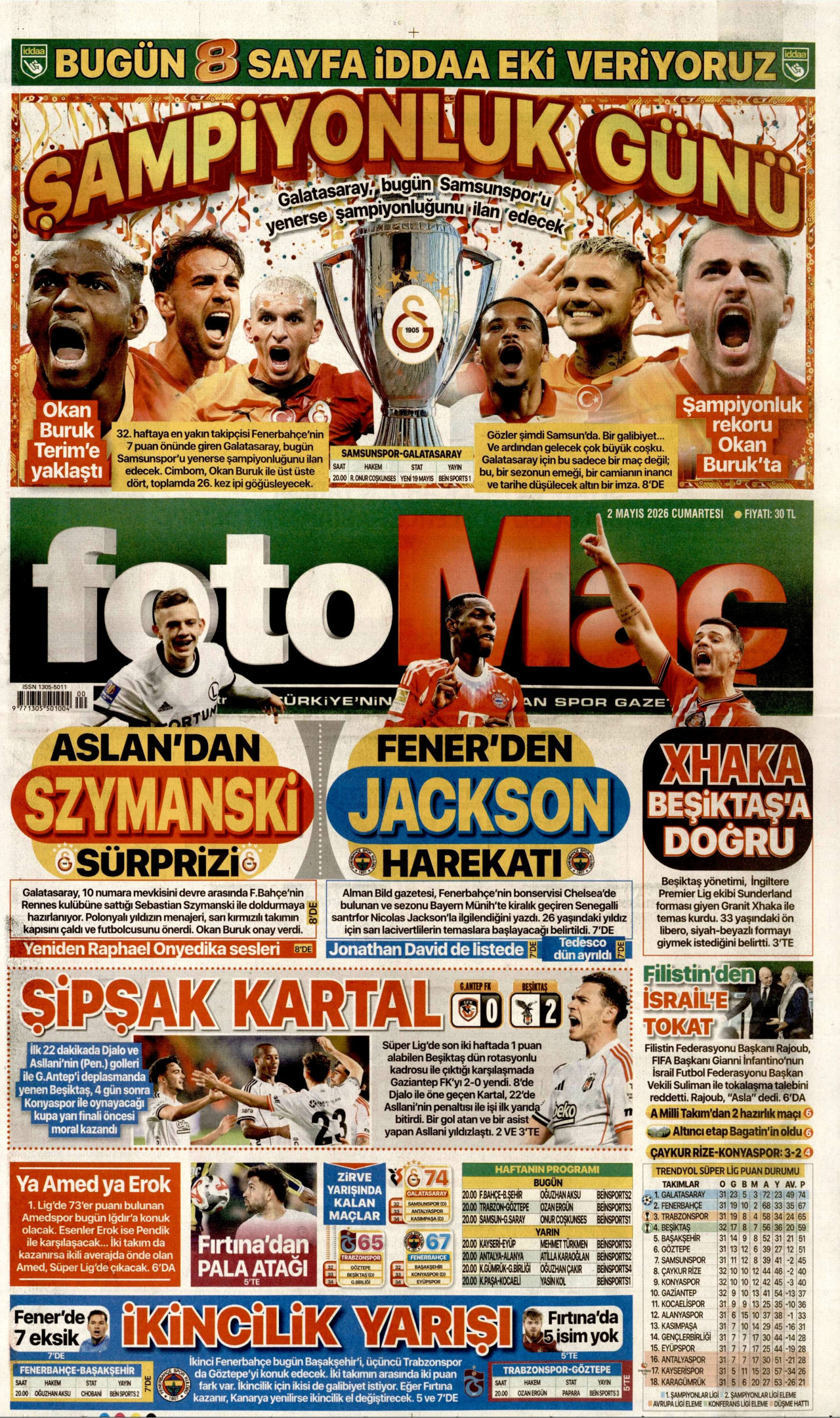FOTOMAÇ gazetesinin 2 Mayıs 2026 tarihli birinci sayfası