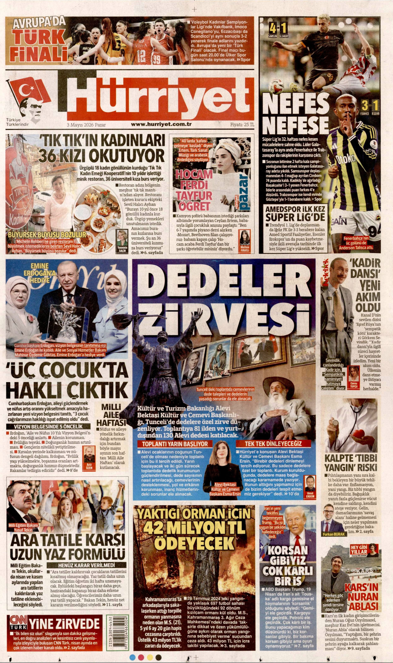 HÜRRİYET gazetesinin 3 Mayıs 2026 tarihli birinci sayfası