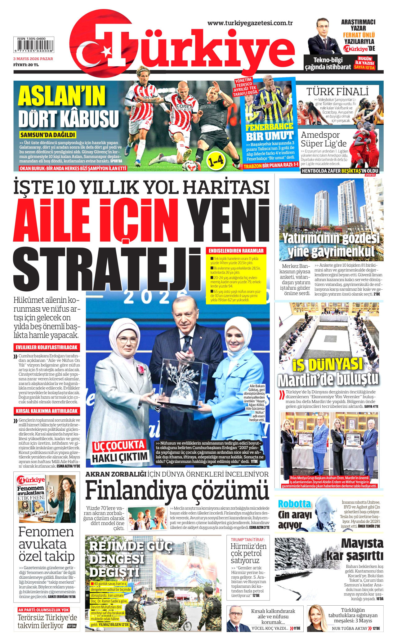 TÜRKİYE GAZETESİ gazetesinin 3 Mayıs 2026 tarihli birinci sayfası