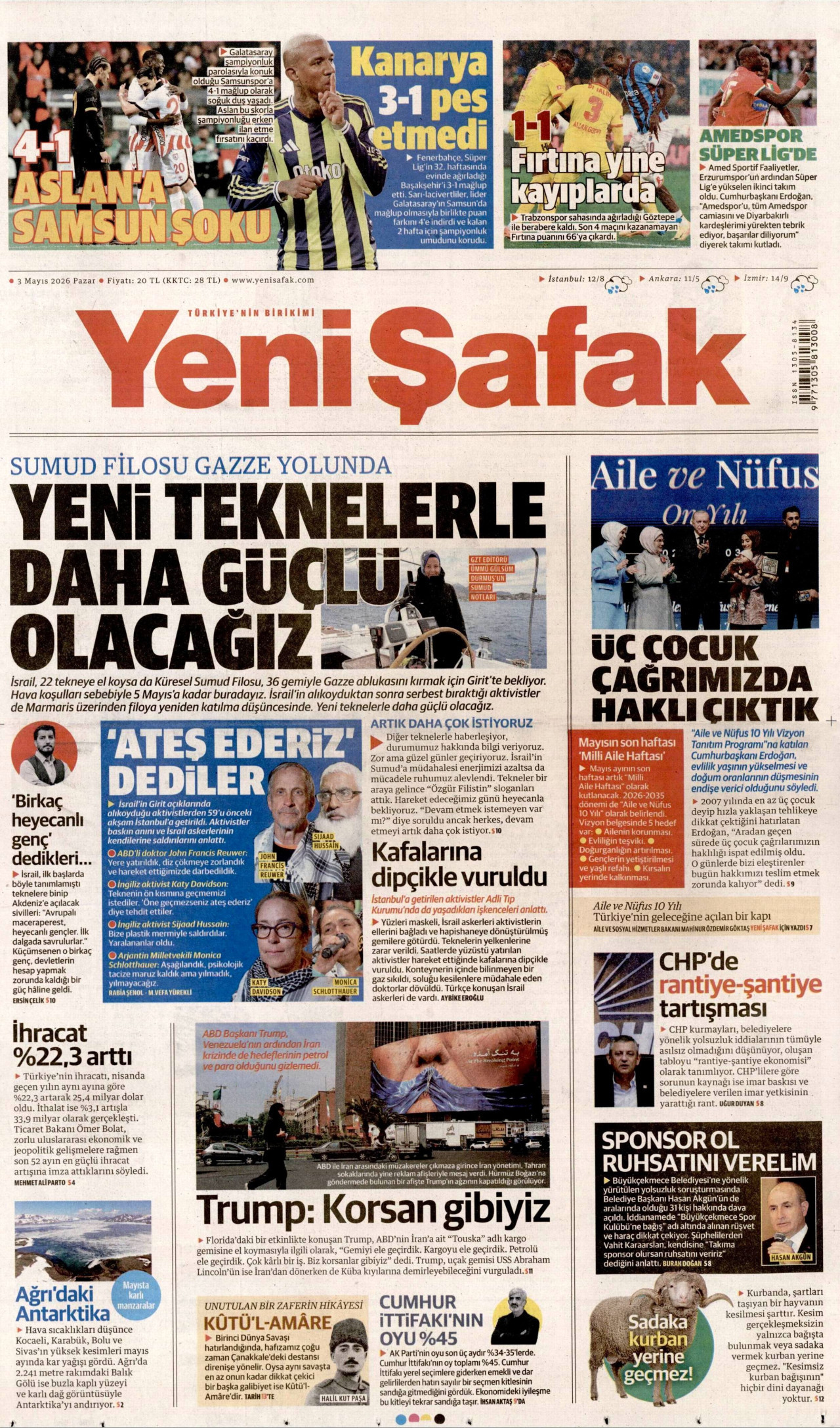 YENİ ŞAFAK gazetesinin 3 Mayıs 2026 tarihli birinci sayfası