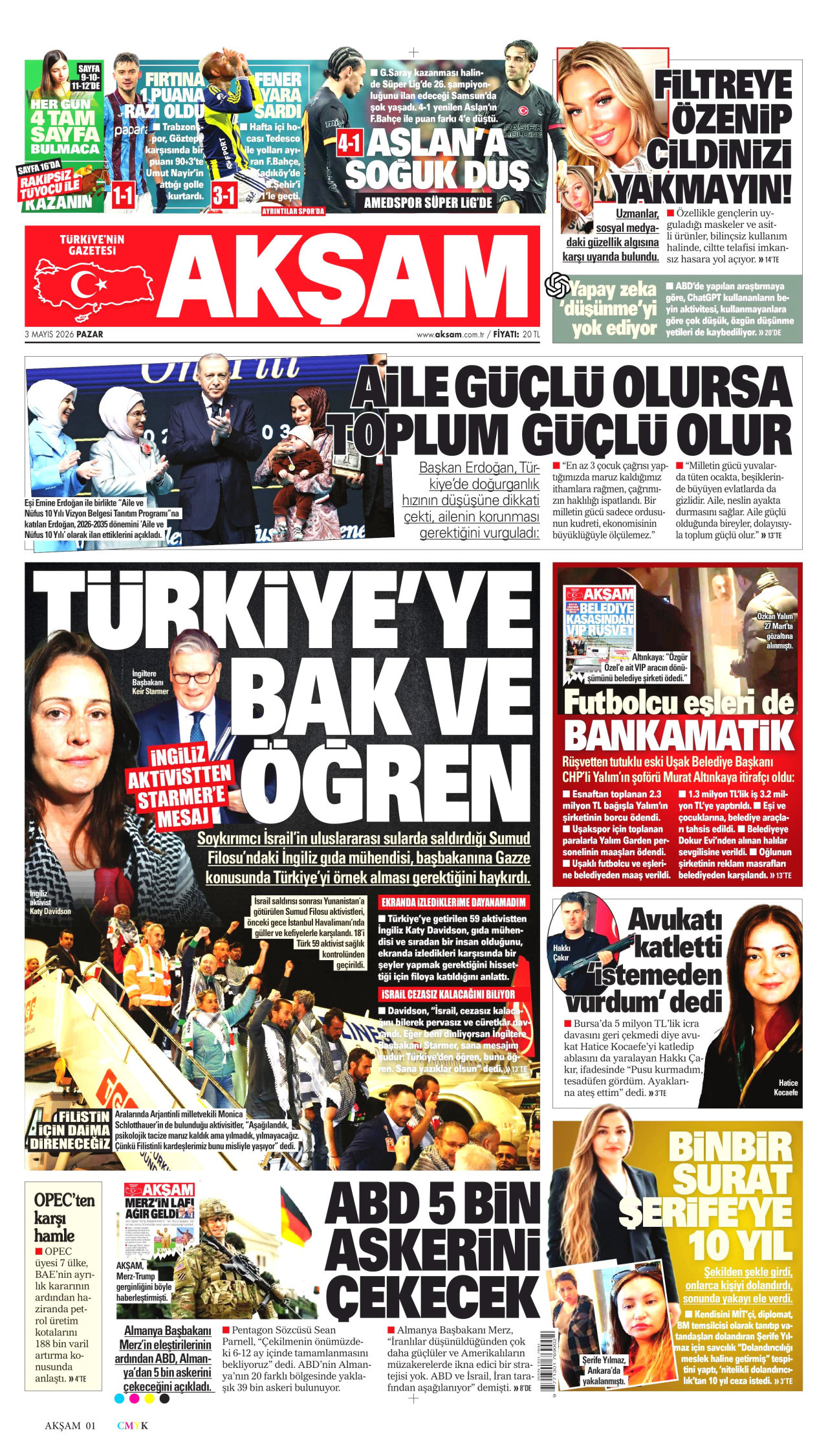 AKŞAM gazetesinin 3 Mayıs 2026 tarihli birinci sayfası