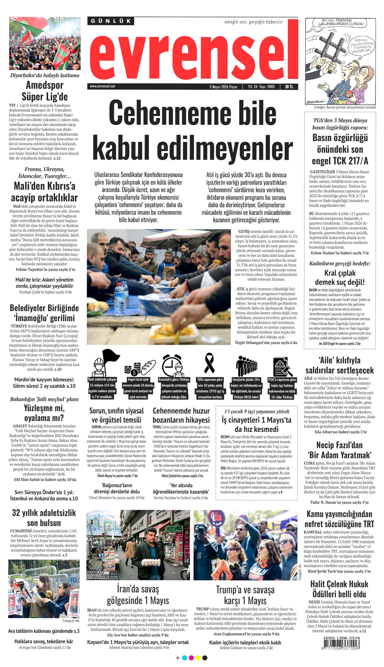 EVRENSEL gazetesinin 3 Mayıs 2026 tarihli birinci sayfası
