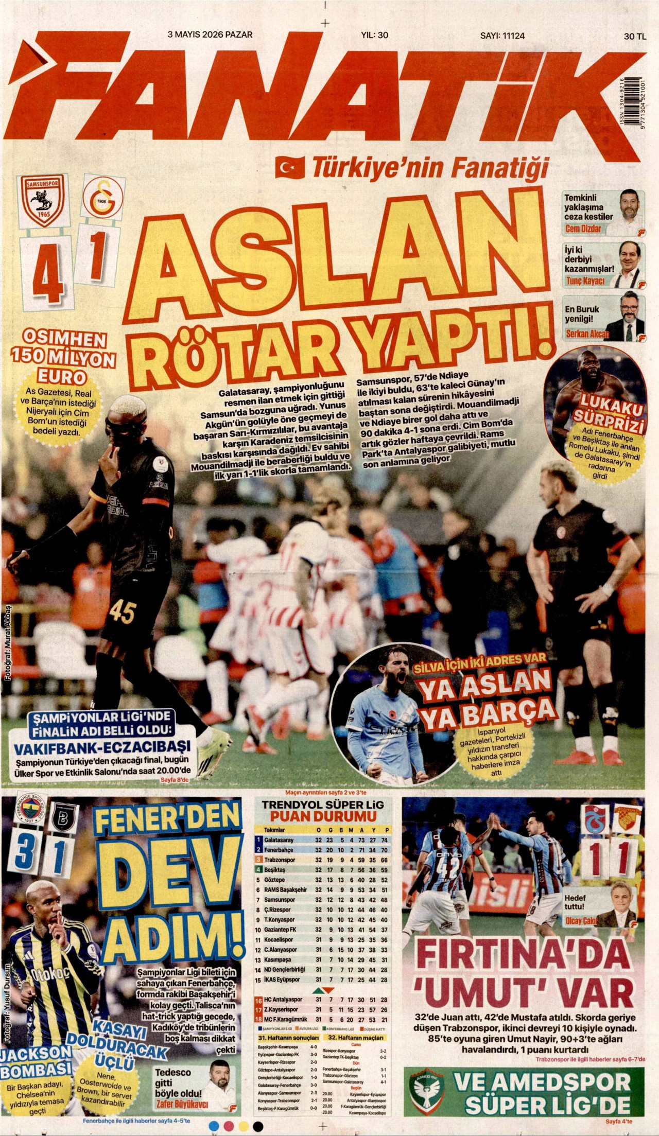 FANATİK gazetesinin 3 Mayıs 2026 tarihli birinci sayfası