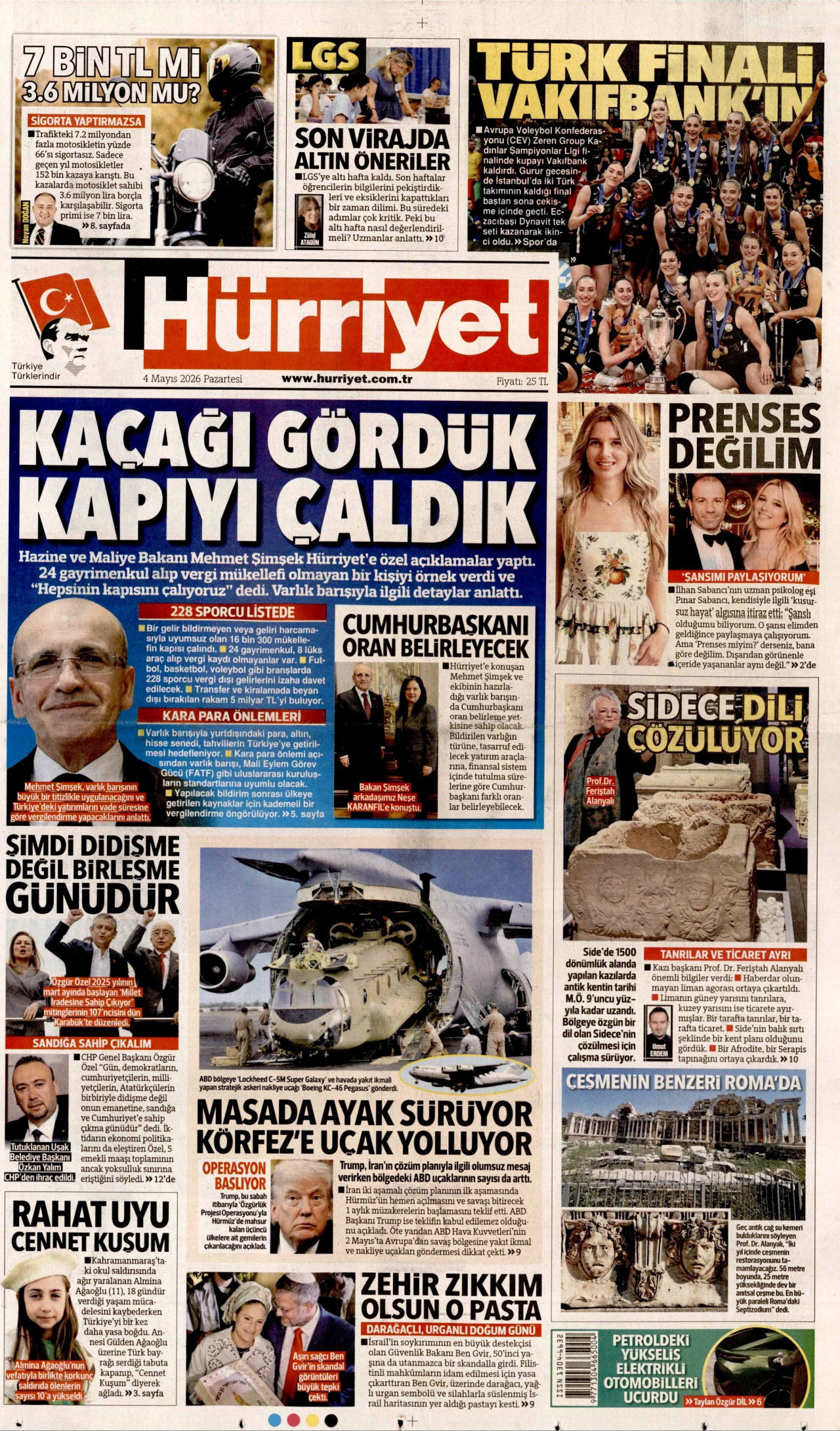 HÜRRİYET gazetesinin 4 Mayıs 2026 tarihli birinci sayfası