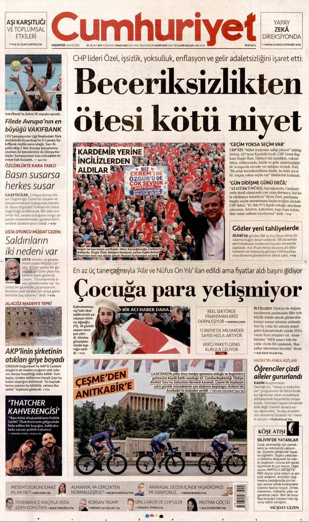 CUMHURİYET gazetesinin 4 Mayıs 2026 tarihli birinci sayfası