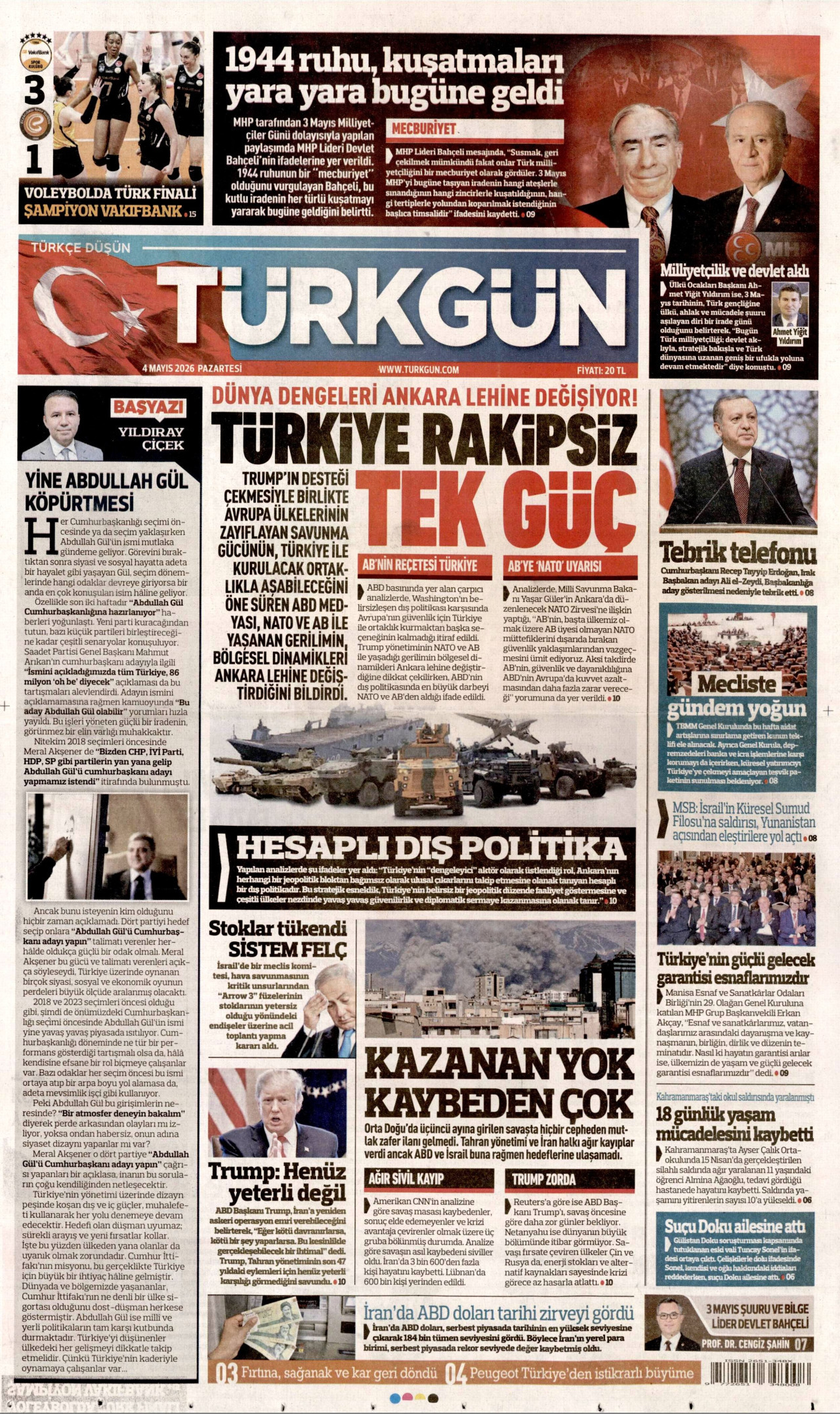 TÜRKGÜN gazetesinin 4 Mayıs 2026 tarihli birinci sayfası