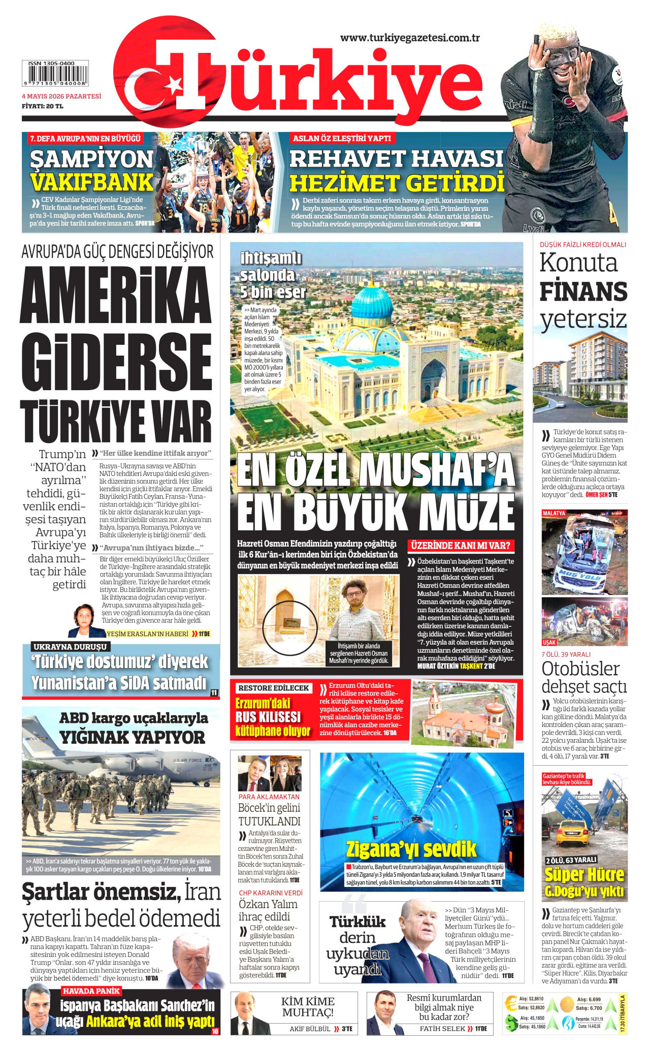 TÜRKİYE GAZETESİ gazetesinin 4 Mayıs 2026 tarihli birinci sayfası