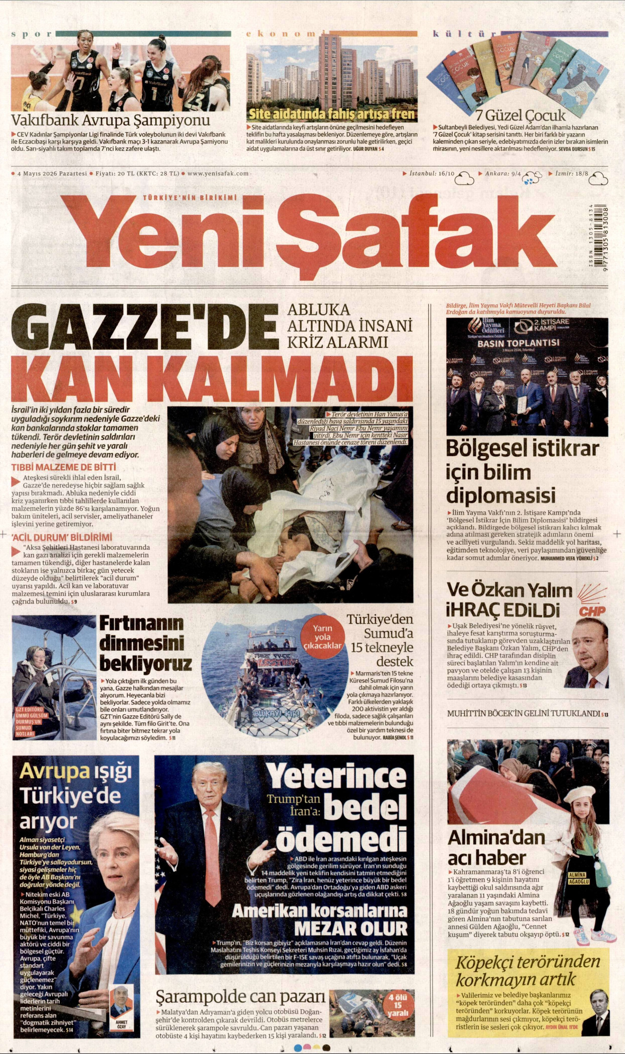YENİ ŞAFAK gazetesinin 4 Mayıs 2026 tarihli birinci sayfası